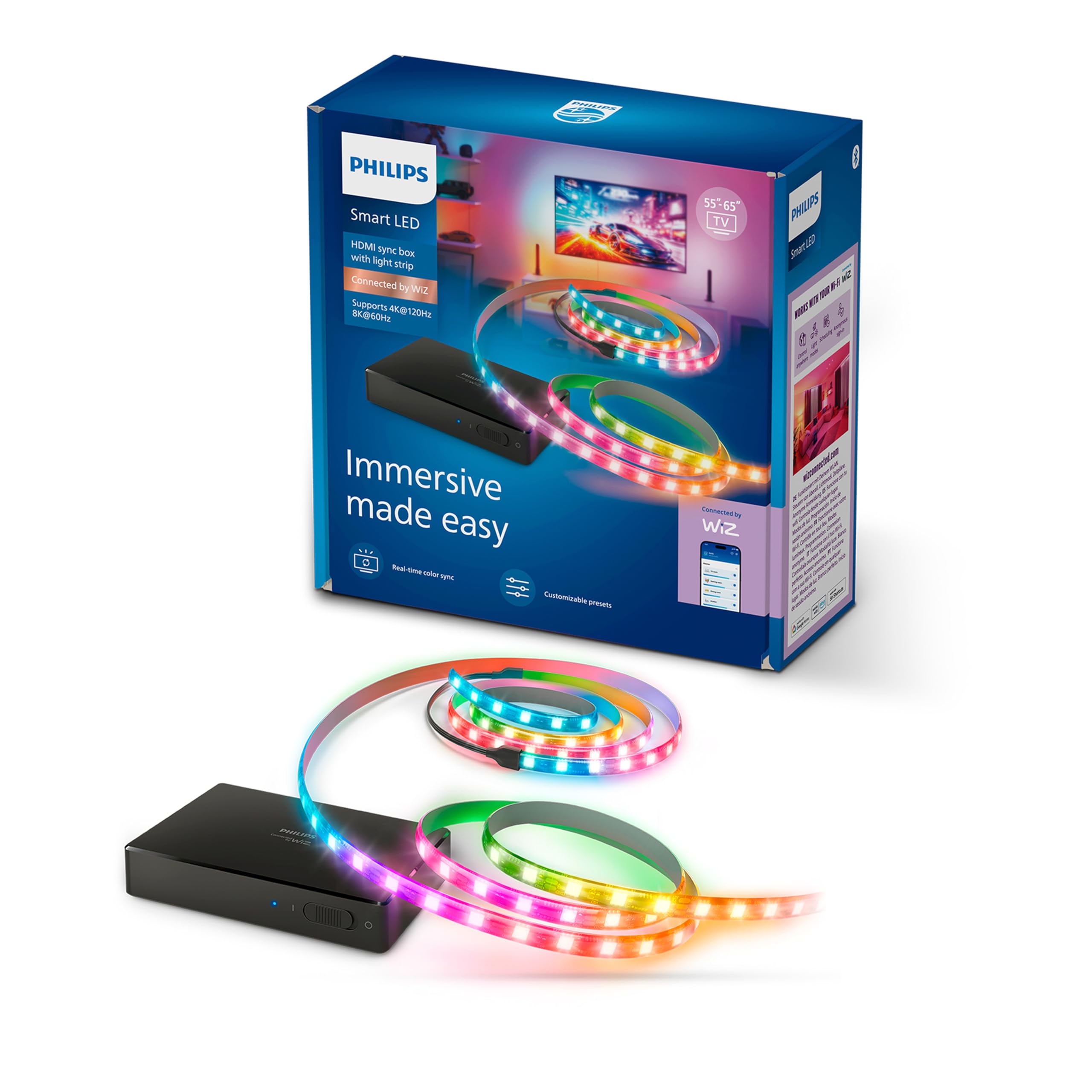 Philips Smart Lighting HDMI Sync Box 2.1 8 K, Rétroéclairage TV 55-65 pouces, Ruban LED RGBIC, Taux de Rafraîchissement Ultra-Rapide, Personnalisable, TV, Films, Jeux Vidéo, Entrée HDMI Requise