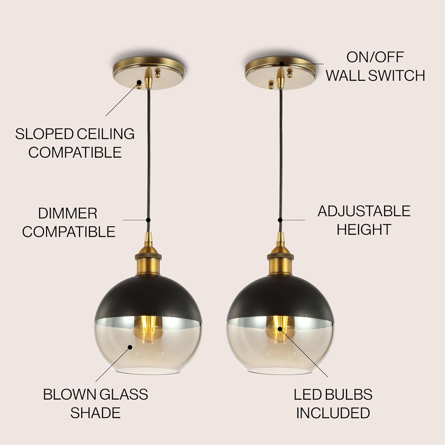 JONATHAN Y 7.5" Brass Gold/Black 1-Light Mid-Century Modern Globe Pendant Light, Adjustable LED Hanging Ceiling Fixture, Champagne Smoked Glass Shade for Kitchen Island (JYL3513A-SET2)