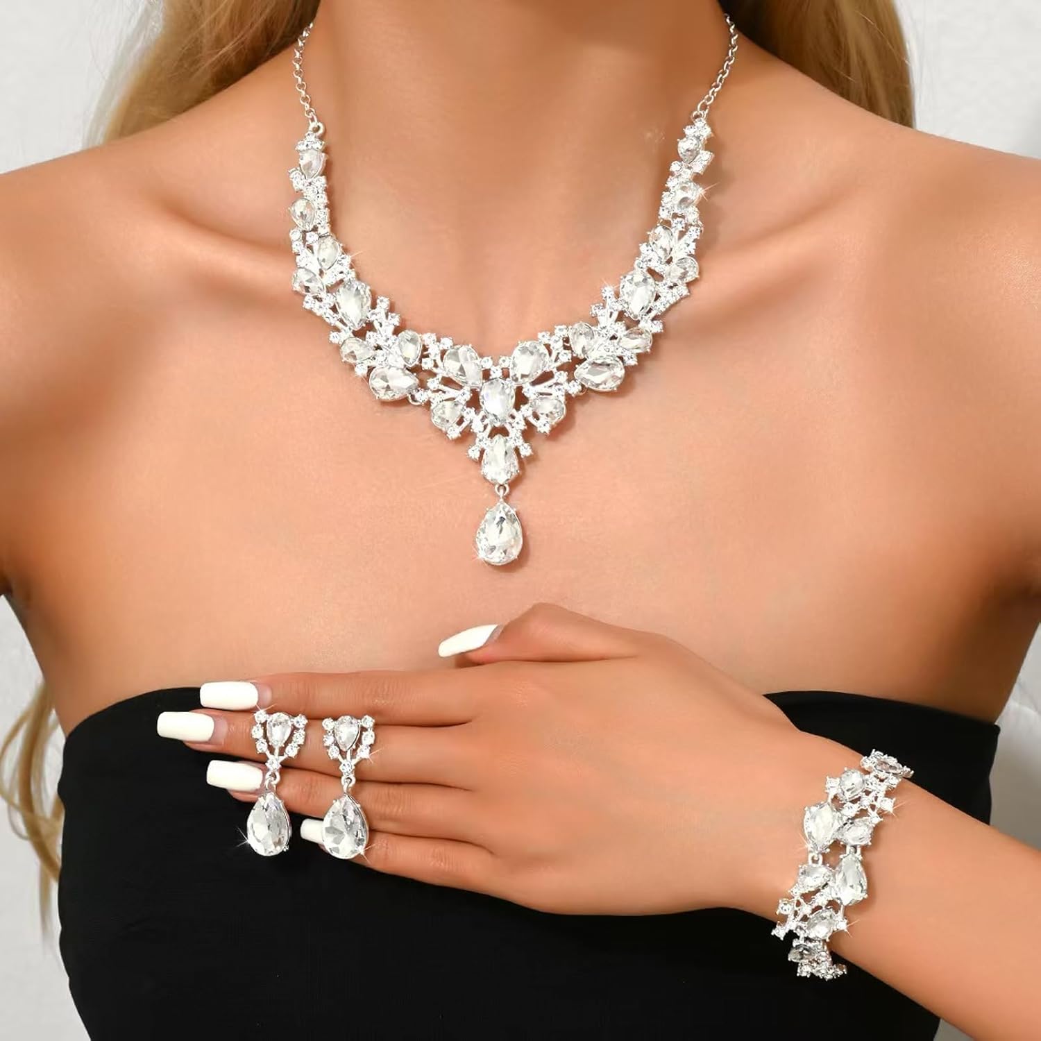 NEWITIN 15 Pieces Silver Jewelry Set for Women Prom Costume Jewels Rhinestone Crystal Necklaces Tennis Bracelets Rings Earrings Set Bridal Wedding Jewelry Sets for Brides Bridesmaid - Image 5