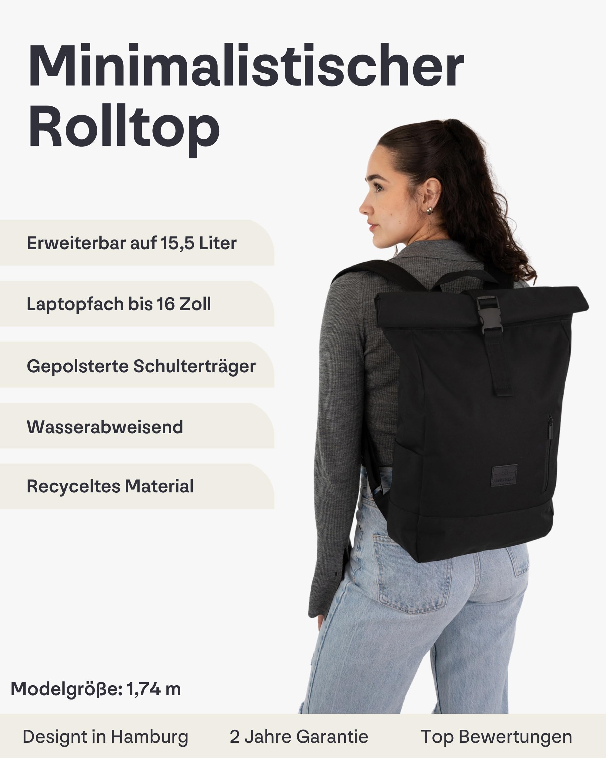 Johnny Urban Rucksack Damen & Herren Grau - Robin Medium - Rolltop Mit Laptopfach für Uni Business Fahrrad - 15L - Nachhaltig - Wasserabweisend