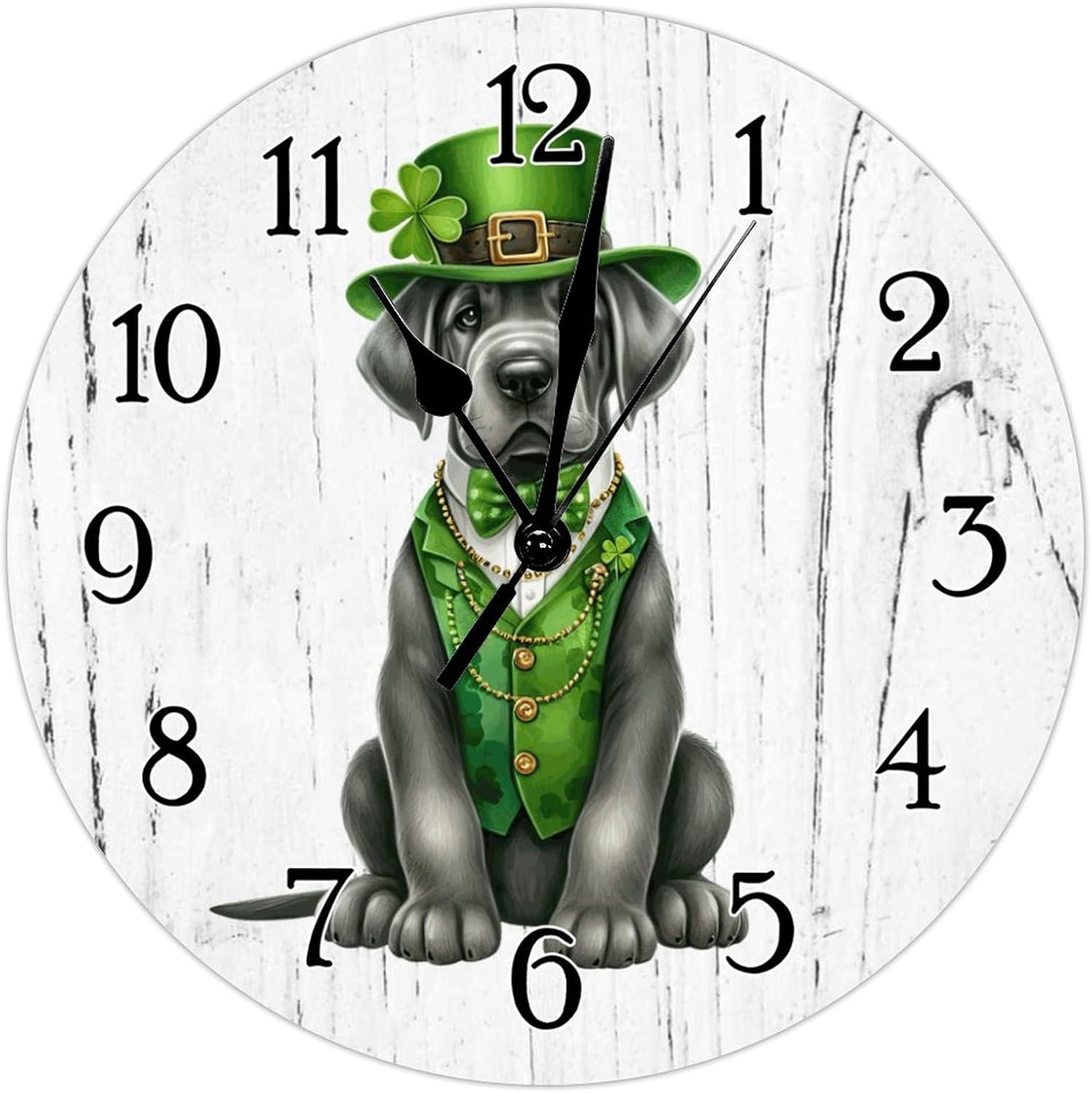 Great Dane Dog St. Patrick's Day Wooden Wall Clock Great Dane Dog Green Leprechaun Hat Leaf Clock Battery Operated Silent Wall Clocks Dog Owner Gift Wooden Clock for Bedroom 12x12in