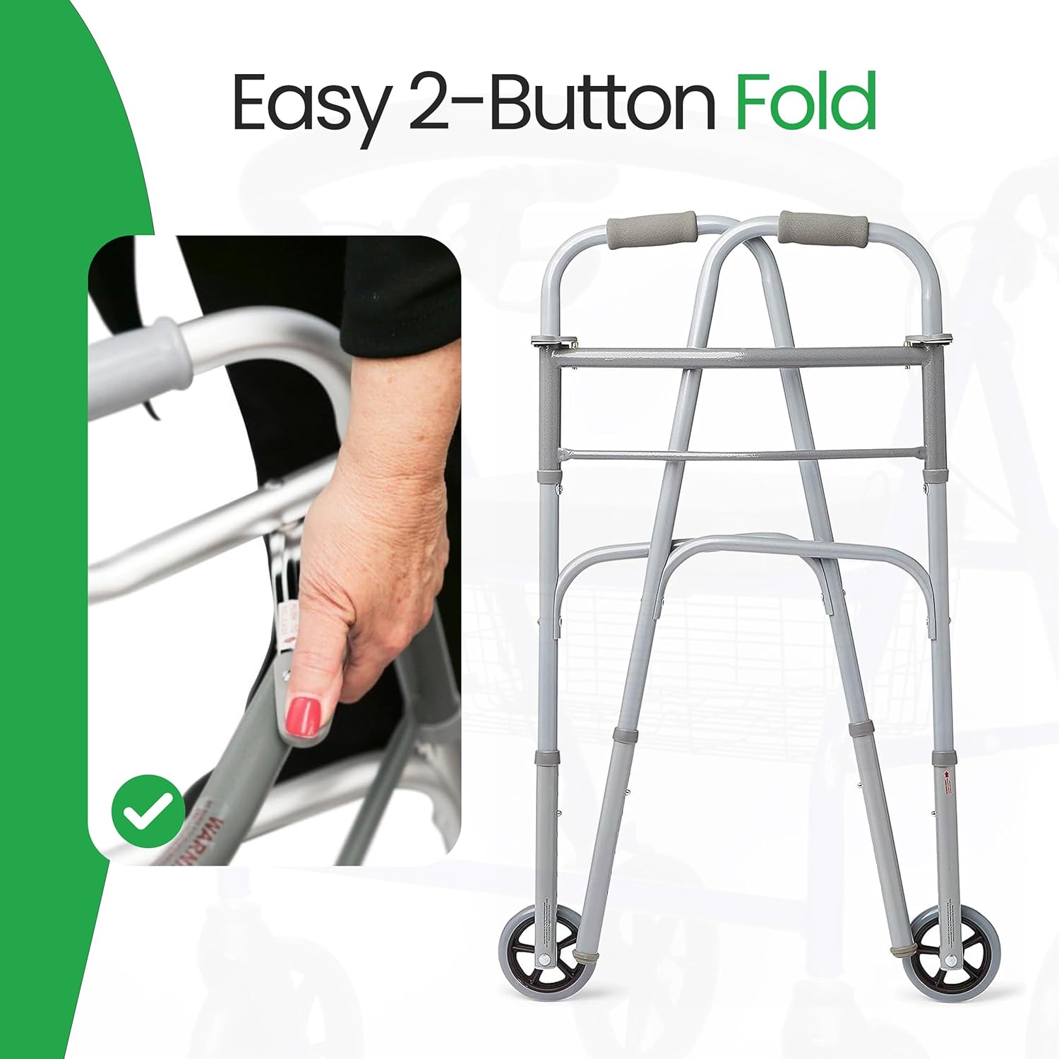 Image demonstrating the easy 2-button folding mechanism of the Healthline Folding Walker, showing a hand pressing a red button and the walker folded flat.