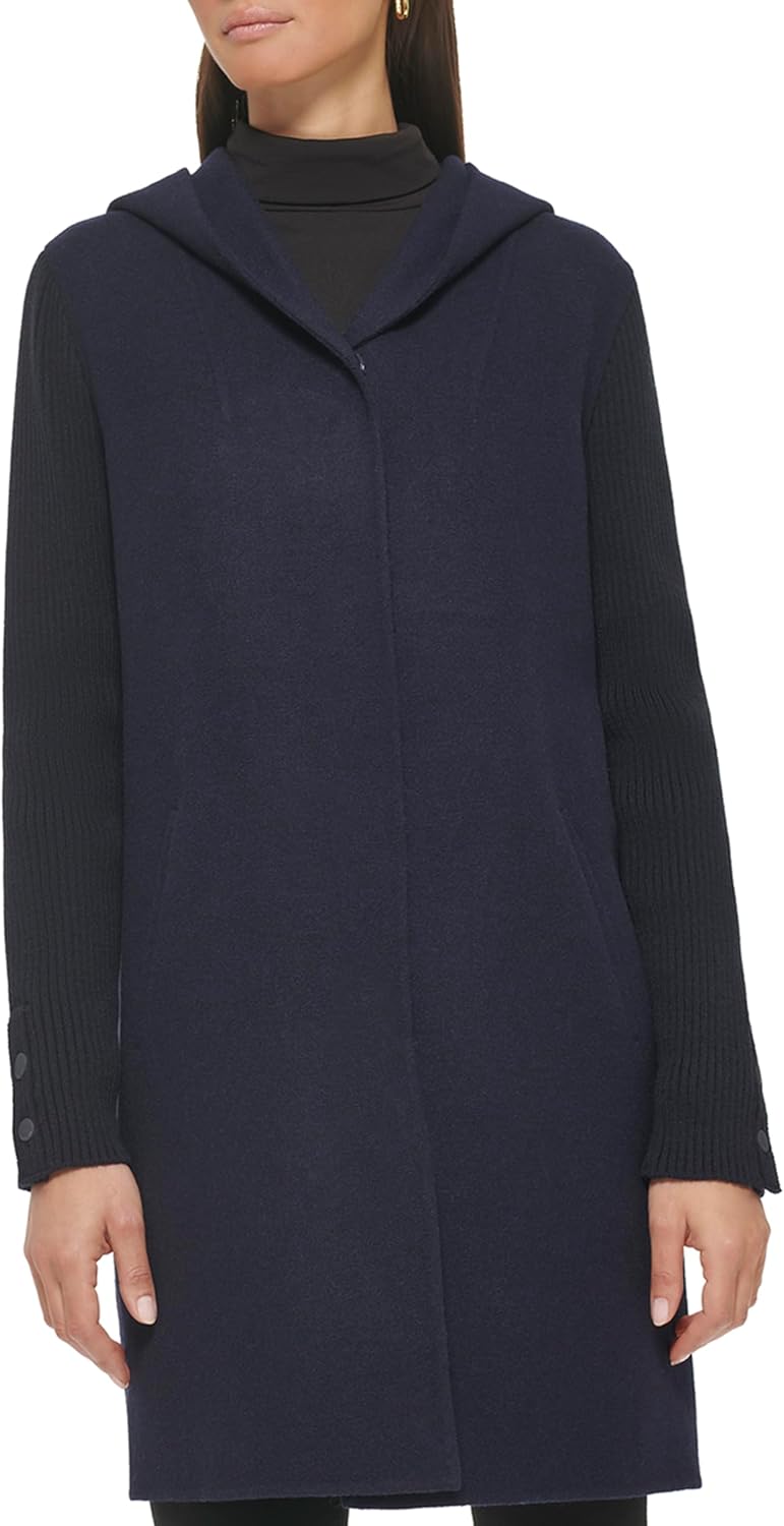 Kenneth Cole Women's Hooded Double Face Wool With Hidden Snap Closure and Rib Knit Sleeve Coat