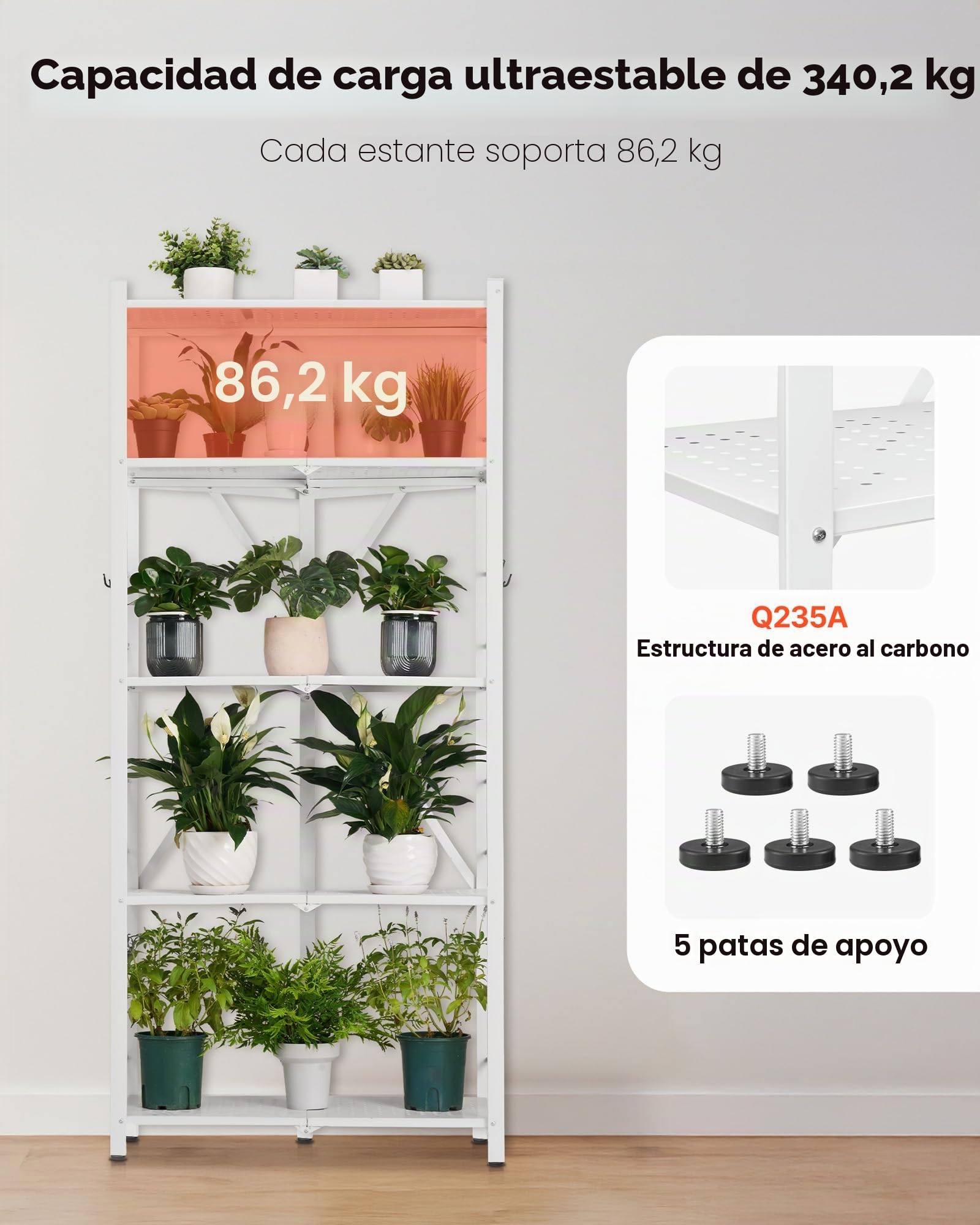 VEVOR Estante de Almacenamiento Plegable de 5 Niveles con Ruedas 71 x 38 x 163 cm Estantería Metálica Móvil Resistente, sin Necesidad de Ensamblaje, Organizador para Garaje, Cocina, Sótano, Blanco
