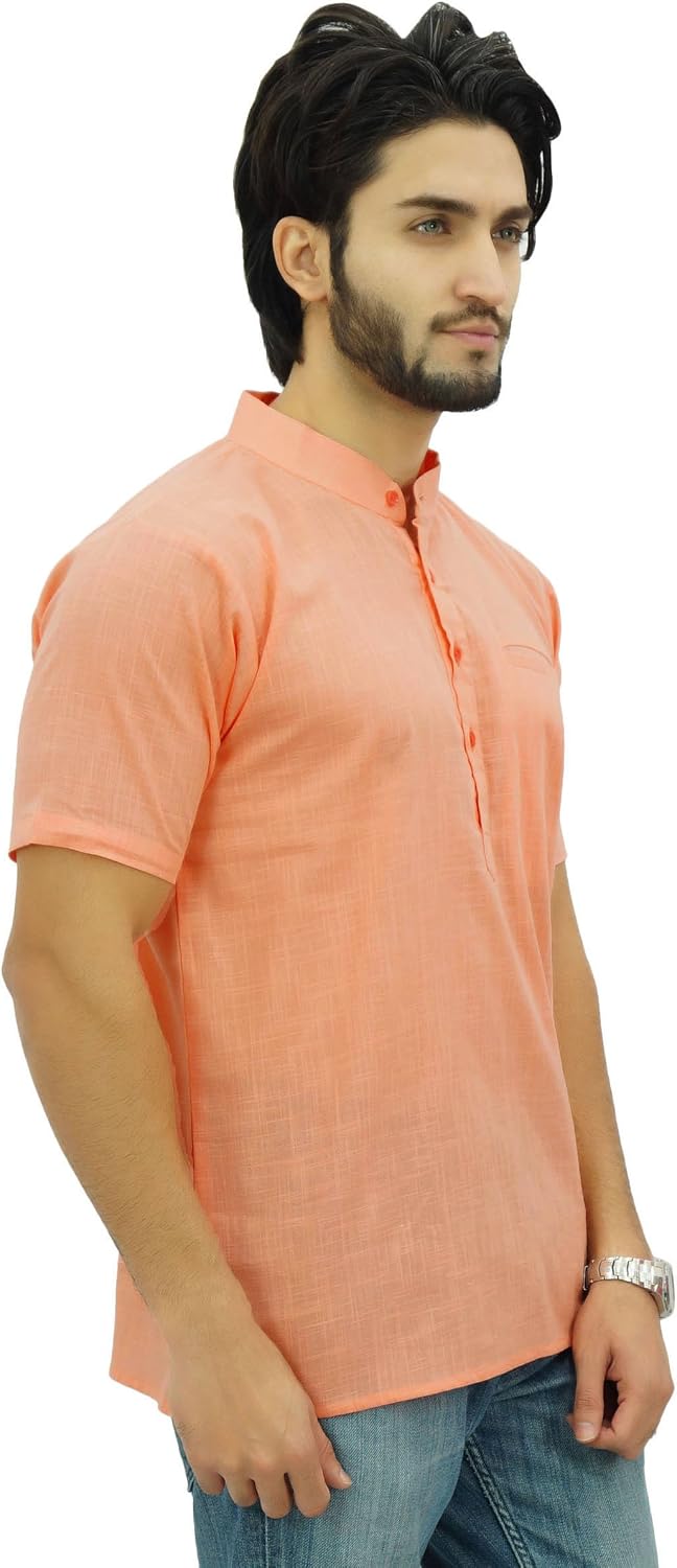 Atasi Men's Short Sleeve Peach Cotton Mandarin Collar Shirt Ethnic Clothing-X-Large