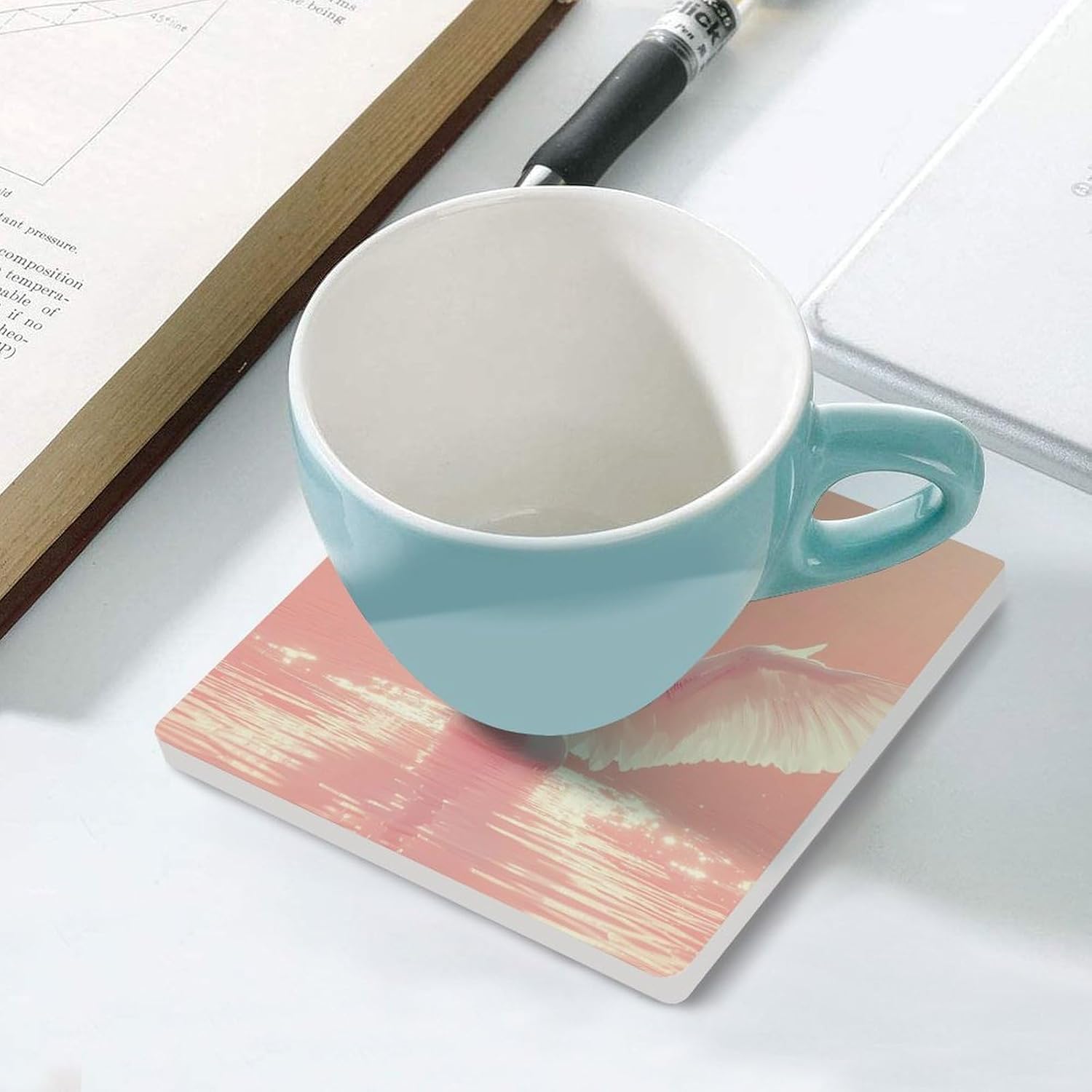 Swan Flapping Its Wings Funny Ceramic Coasters for Drinks Absorbent Cup Holder Tabletop Protector with Cork Base