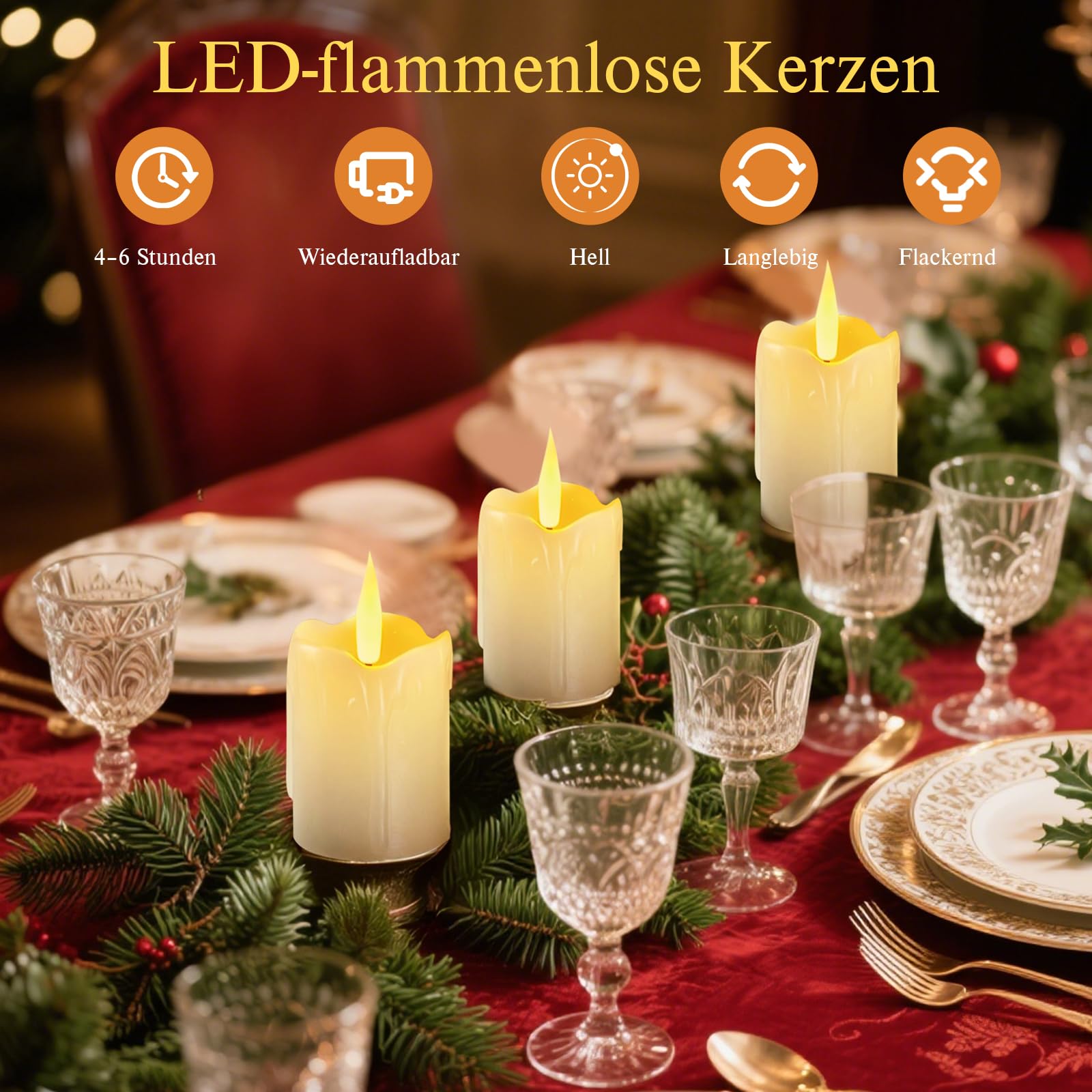 Velas LED parpadeantes con pilas, 4 cm x 6,5 cm, cera auténtica, batería realista, 6 unidades de velas LED para exteriores, llama parpadeante para bodas, fiestas
