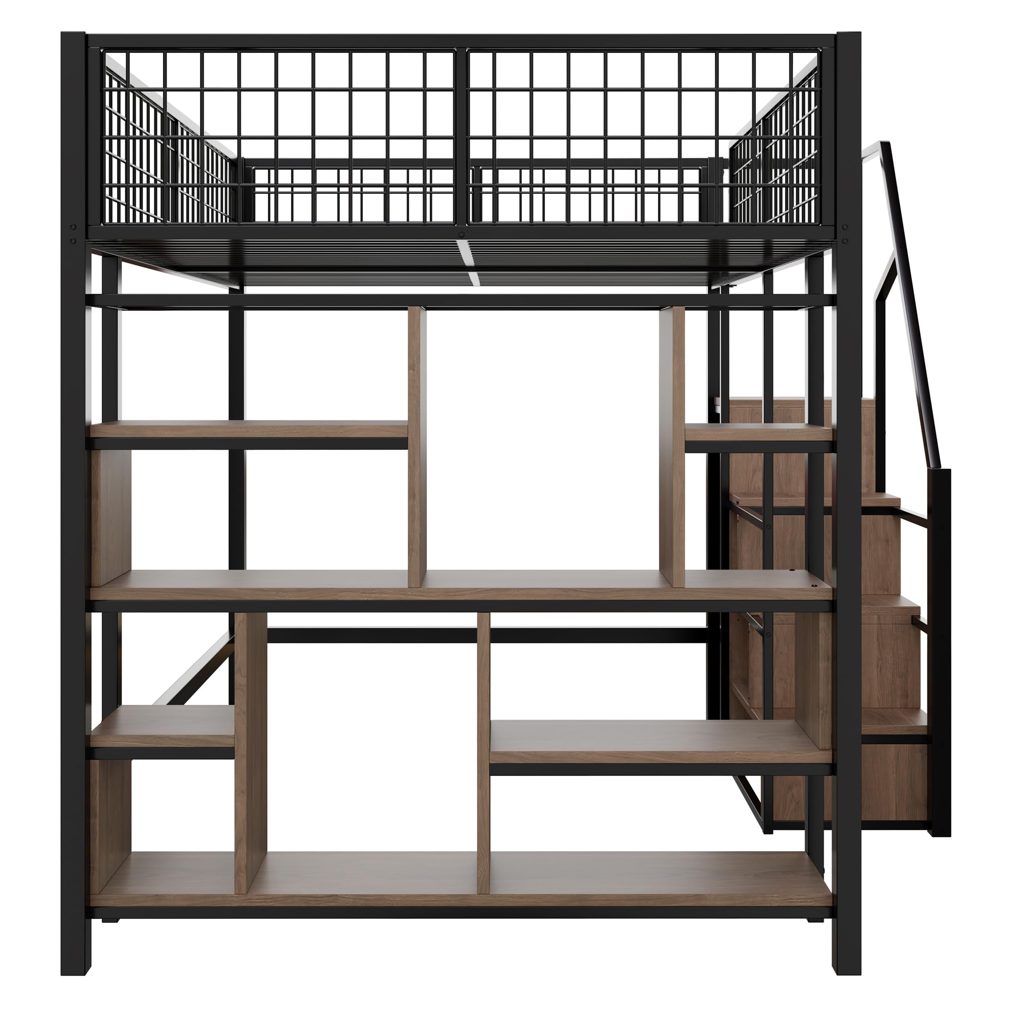 Kayan Hochbett 140 x 200 cm, Metallbett mit Stauraum, Ablageflächen und Treppe, Funktionsbett Kinderhochbett Jugendhochbett mit Rausfallschutz, Weiß, ohne Matratze (Schwarz)