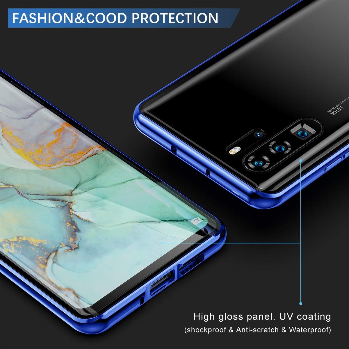 Huawei P30 Pro Case, ZHIKE Magnetic Adsorption Case Front and Back Tempered Glass Full Screen Coverage One-Piece Design Flip Cover for Huawei P30 Pro (Clear Blue)