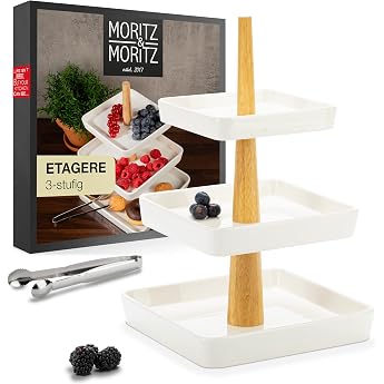Moritz & Moritz Fruit Stand 3 Levels   Includes Tongs   Made of High-Quality Porcelain   Modern Kitchen Decoration or Party Decoration   Perfect as a Fruit Bowl for Fruit Storage Muffins and Cupcakes