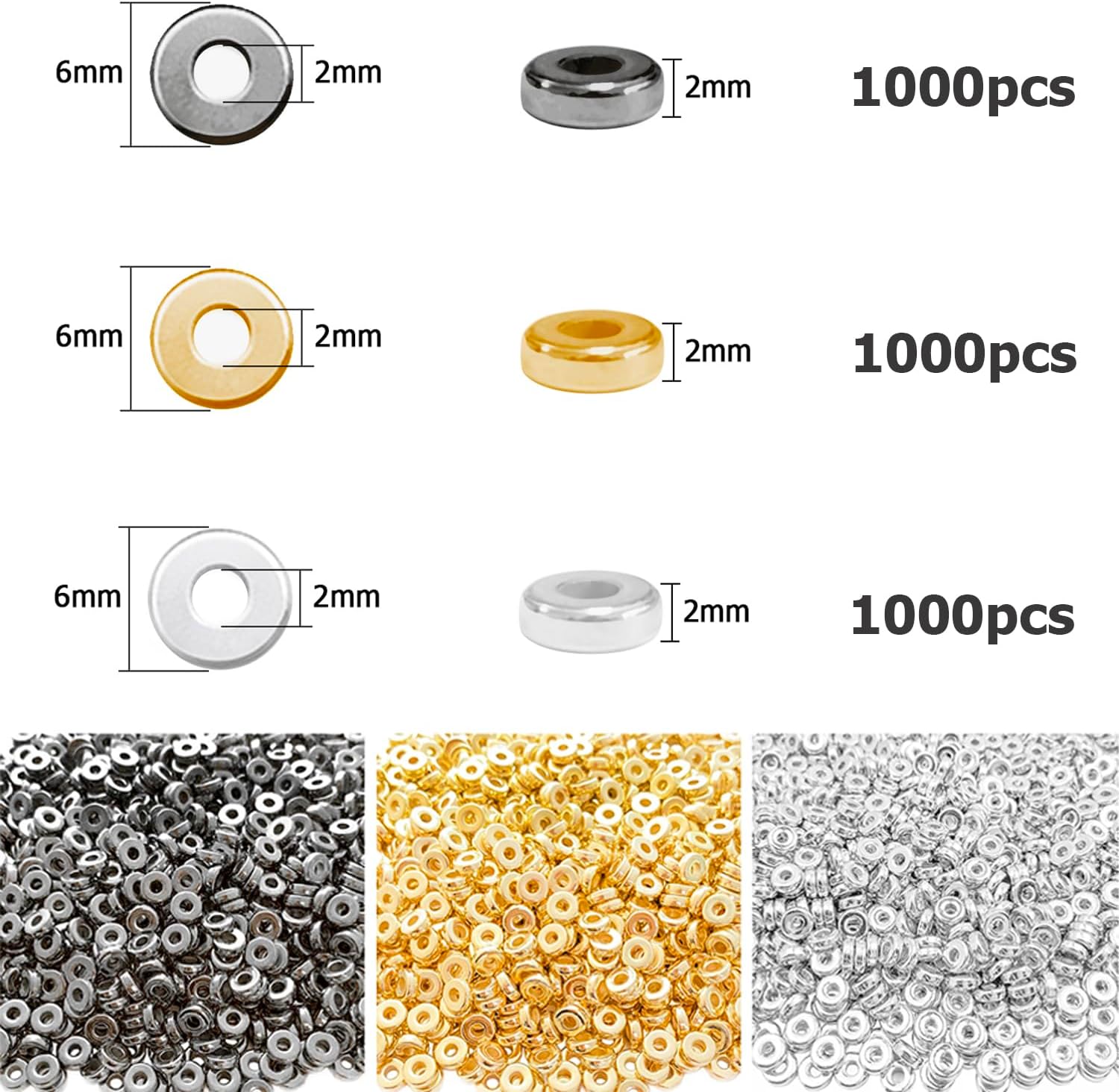 6mm Flat Round Spacer Beads, Clay Beads for Bracelets Making Kit, Heishi Polymer Flat Disc Spacer Beads for Jewelry Making, Clay Beads for Jewelry Making Gold Beads Silver (3000pcs) - Image 2