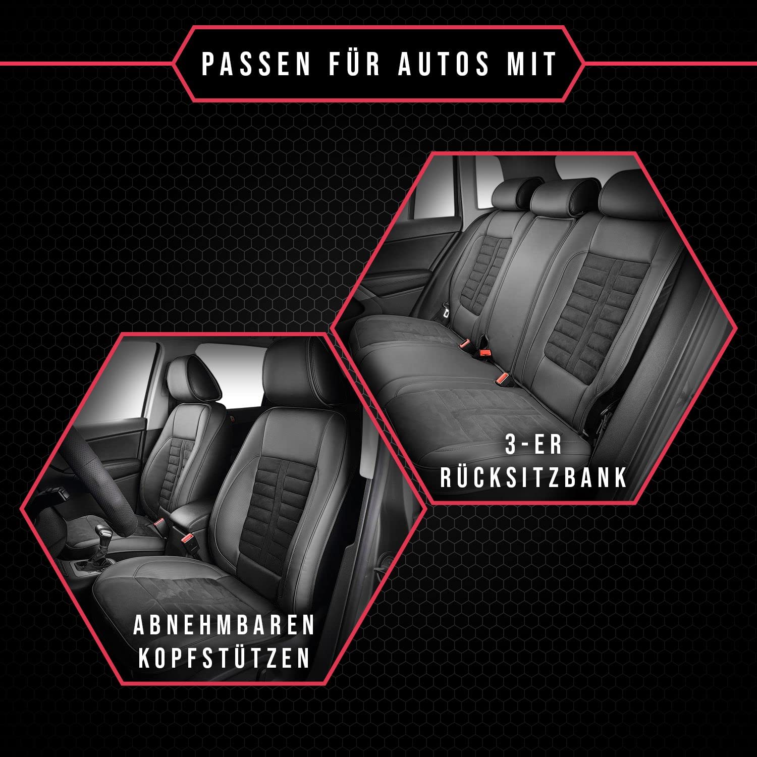 3er Set Saferide Autositzbezüge PKW universal | Auto Sitzbezüge Kunstleder Blau für Airbag geeignet | für Vordersitze und Rückbank | 1+1 Autositze vorne und 1 Sitzbank hinten teilbar 2 Reißverschlüsse