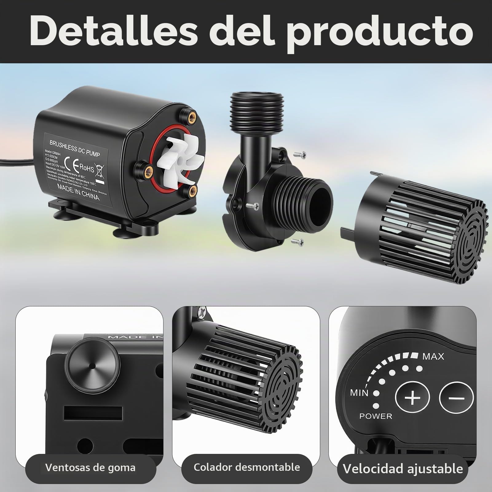 Mini bomba de agua 12 V 800 L/H 15 W, Cabezal de 5 M, Control de 5 Velocidades, Bomba sumergible para lavabos para Acuarios, Peceras, Estanques, Fuente con Cable