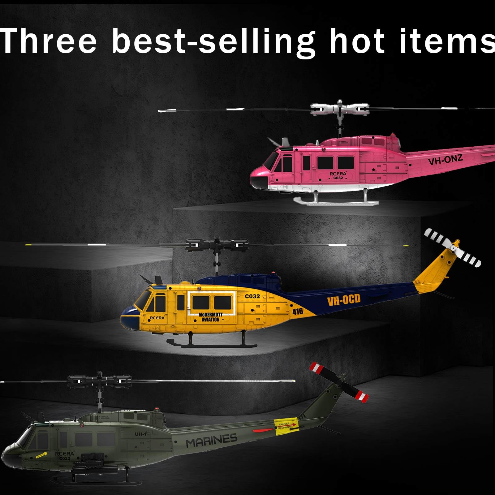RC Era C032 UH-1 Huey Hélicoptère télécommandé 1/48 2,4G 6 CH Gyro Stabilisé Maintien d'altitude Flux Optique Drone 3D (Rose)