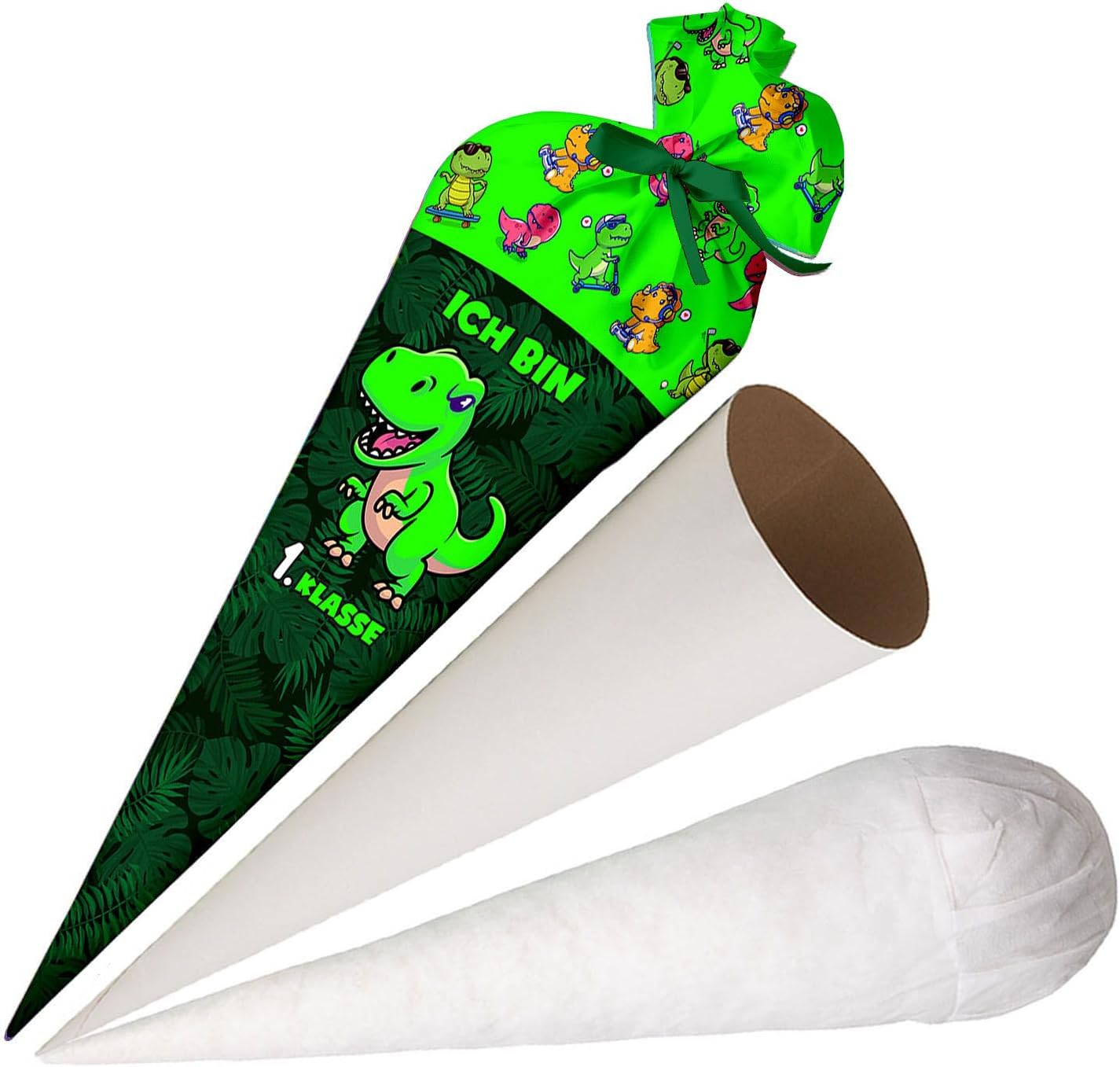Ferocity School Cone Bag Dino 1. Class with Name for Boys, Personalized Bag, 70 cm Fabric Sugar Bag with Round Cardboard Blank and Filling, Large Bag as a Pillow [149]