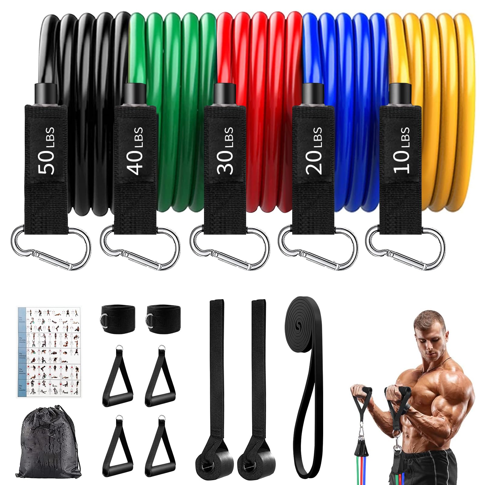Hahamiya 16 Piece Exercise Bands with Door Anchors,98% Natural Latex Home Fitness Resistance Bands Set,Resistance Bands for Physical Therapy Training, Strength Training, and Physical Training
