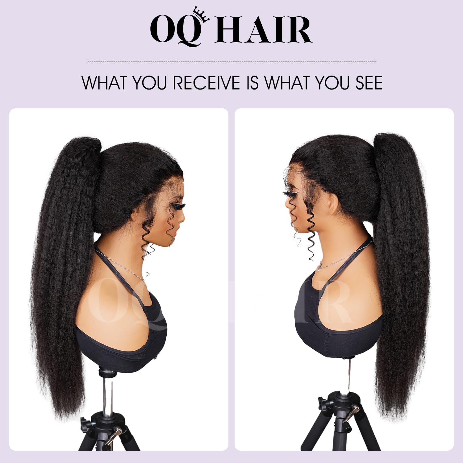 OQ HAIR Black Kinky Straight Ponytail Extension 100% Human Hair Long Drawstring Yaki Ponytail Hairpiece for Women Natural Looking Soft 20 Inch