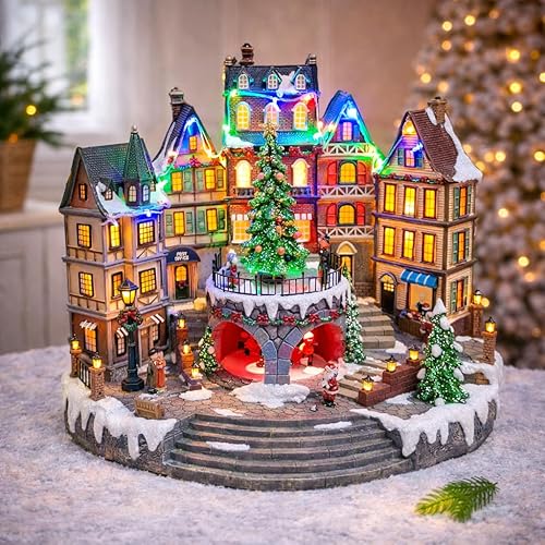 Miniatura 2 de MOMENTS IN TIME Figura animada del ayuntamiento del centro de la ciudad 32 cm Edificio iluminado de pueblo navideño con árbol giratorio, luces LED