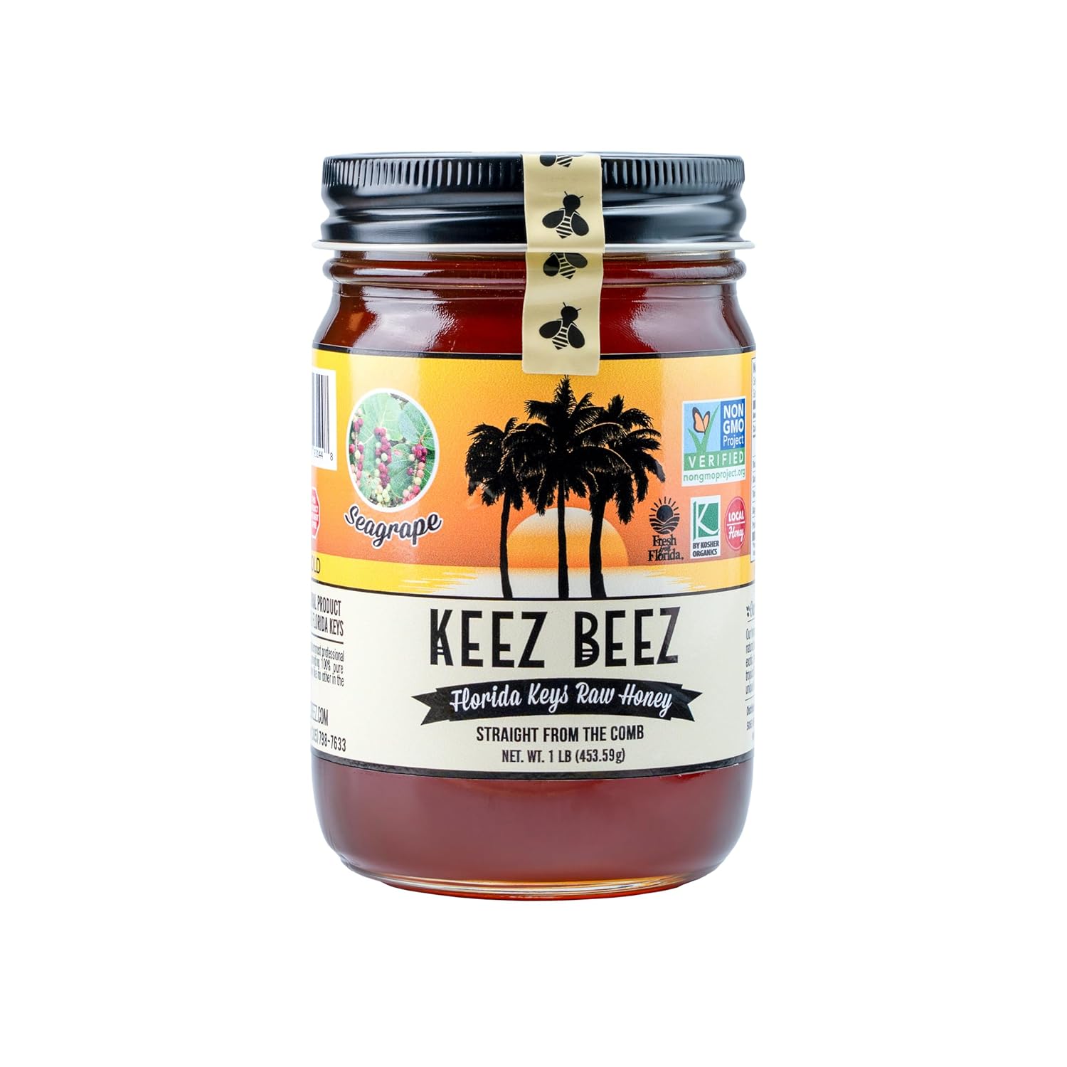 KEEZ BEEZ 100% Natural Raw Gold Honey – Seagrape 16 fl oz (1 lb) in Glass Jar – Organic, Non-GMO, Kosher Certified, Subtle Sweetness with a Hint of Spice, Ideal for Everyday Use