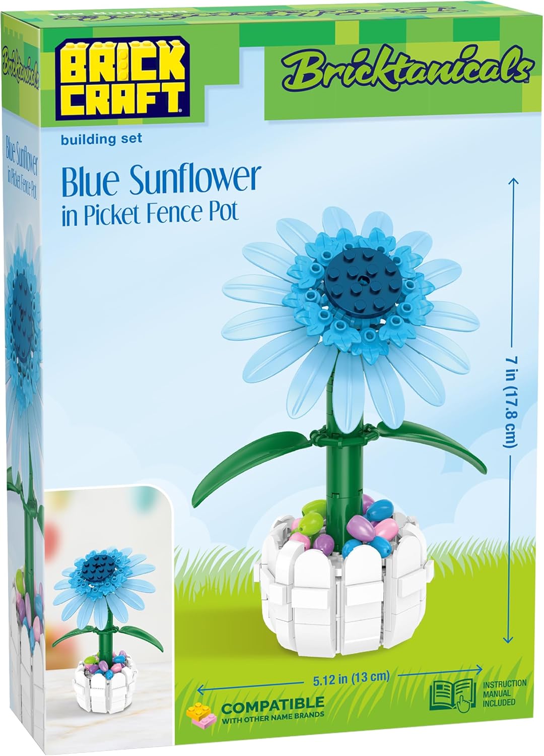 Brickcraft Bricktanicals Blue Sunflower in Picket Fence Pot Brick Building Set, 213 Piece Botanical Flower Model, Ages 8 Plus, Collectible Easter Display Set, Spring Gift for Kids and Adults