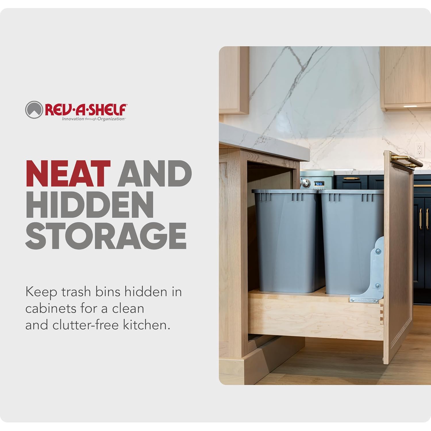 Rev-A-Shelf Double 50-Quart Pullout Under Cabinet Trash Cans with Soft Open & Close Slide System, Metallic Silver, Maple Wood Bottom 4WCBM-2150DM-2