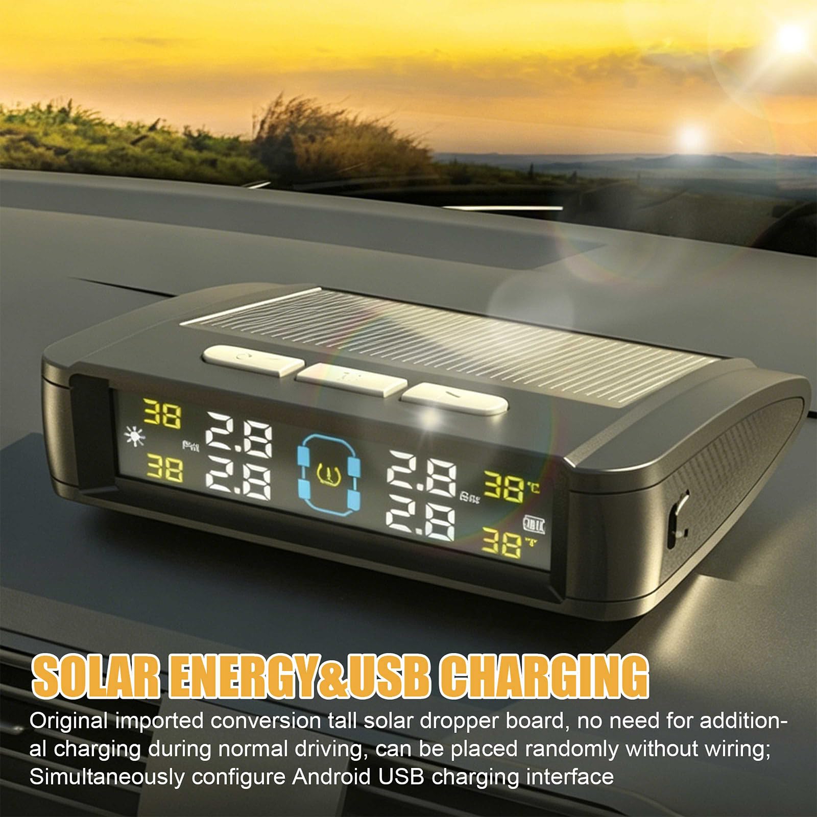 BORDEAG TPMS Reifendruckkontrollsystem, 94 * 67 * 29mm Reifendruckkontrollsystem TPMS, TPMS Reifendrucksensor, Reifendrucküberwachungssystem für PKW SUV Van, Vierfach-Druckanzeige, Solar USB