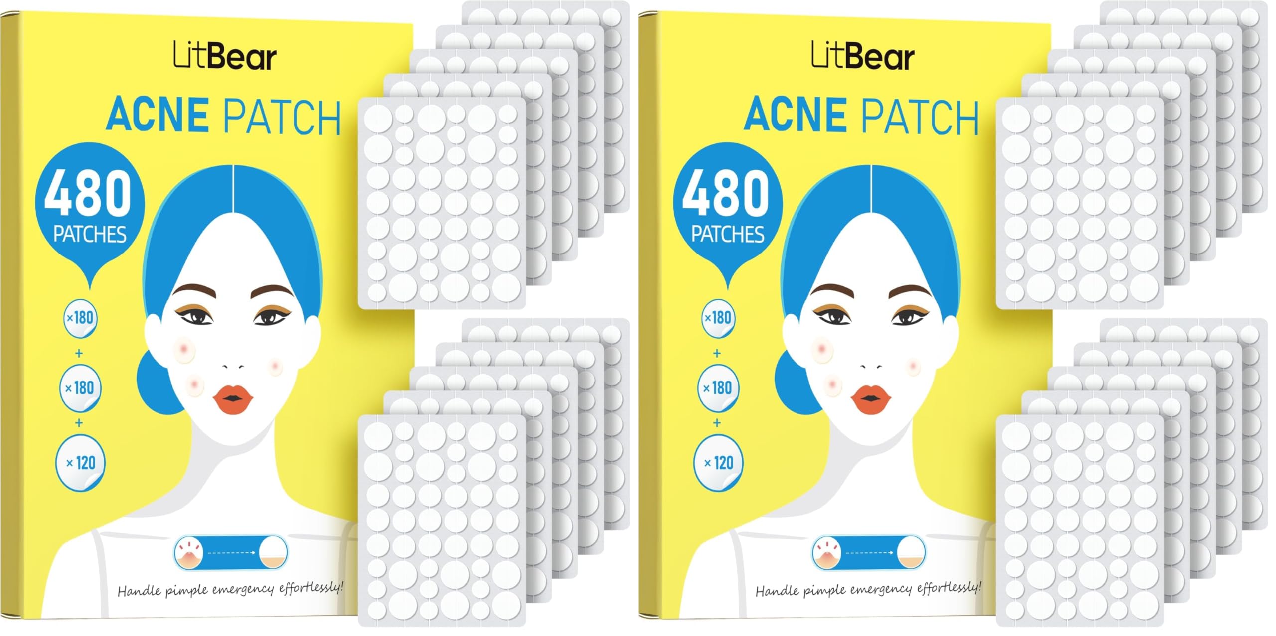 LitBear Pimple Patch Bulk 480 Patches 3 Size Acne Patches for Face Hydrocolloid Spot Stickers for Covering Zits
