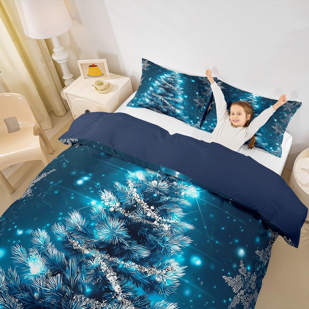 Merry Christmas Bedding Set Blue Christmas Tree Comforter Cover for Girls Kids Boys Chic Winter Snowflake Duvet Cover Blingbling Blue Xmas Theme Glitter Bedspread New Year Presents Quilt Cover, Twin