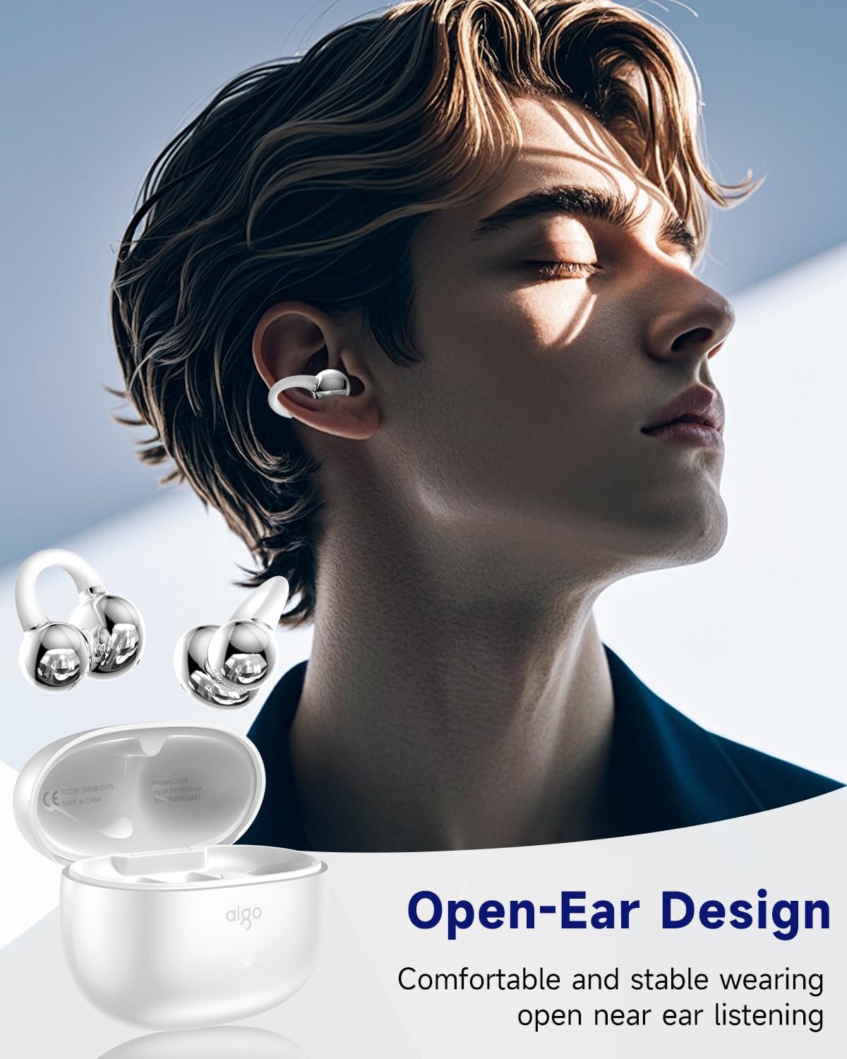 Person wearing aigo CA05 open-ear earbuds comfortably