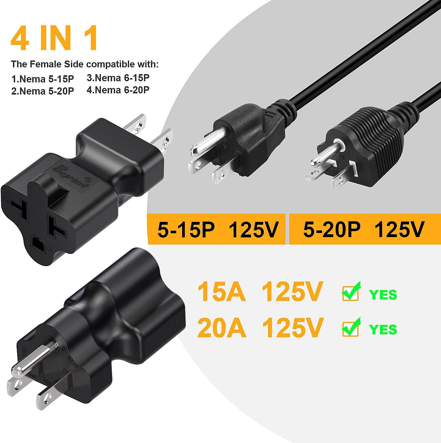 [4-in-1] 15 Amp Household AC Plug to 20 Amp T Blade Adapter, 5-15P to 5-15R/ 5-20R /6-15R / 6-20R, 4 in 1 AC Power Adapter, 15A 125V to 20A 250V Adapters