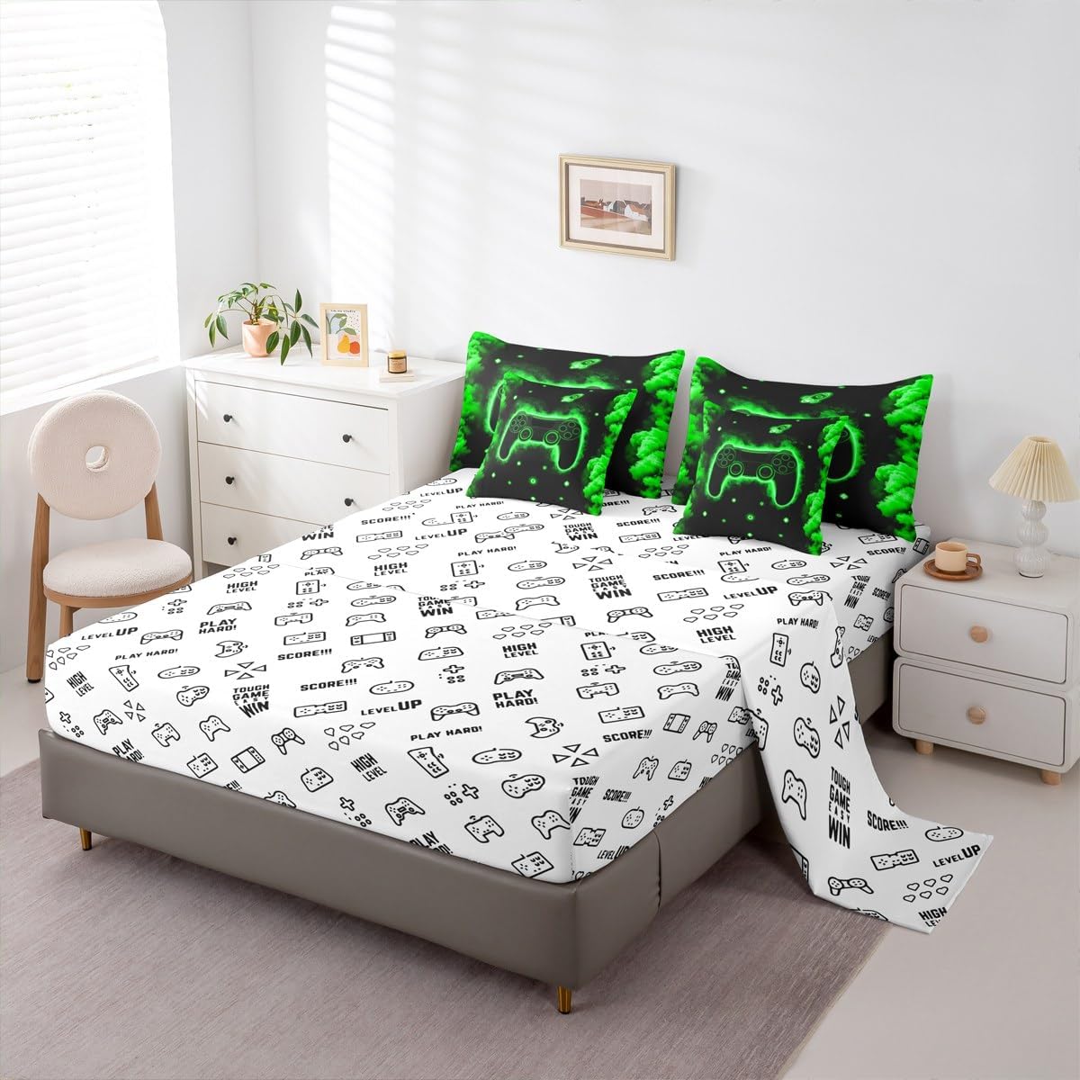 Feelyou Boys Girls Gamer Bed in A Bag Full Size, Galaxy Gaming 7 Pieces Bedding Set Modern Game Console Comforter Set with Sheets Kids Ombre Gamepad Teens Bed Set Bedroom Decor 7Pcs