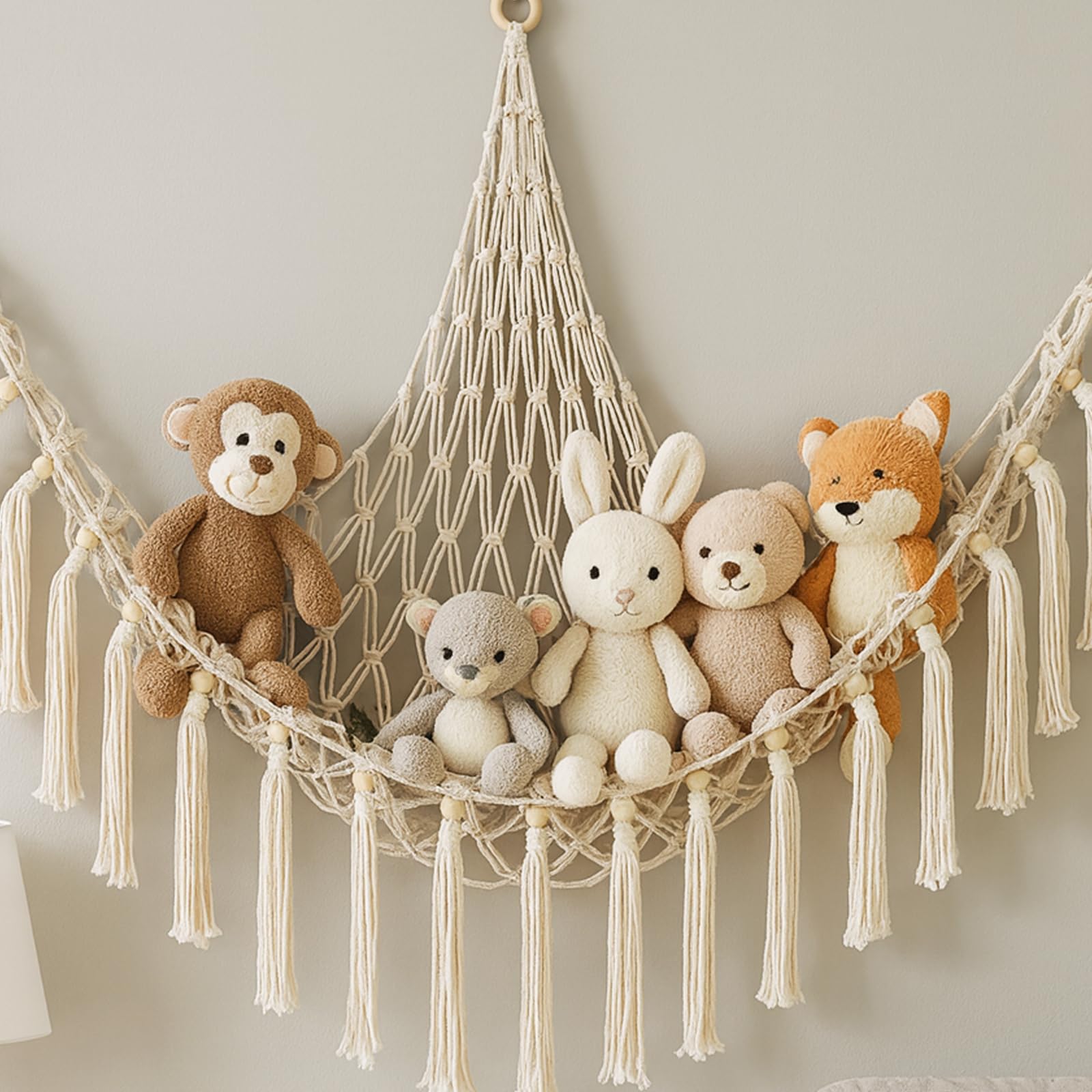 Kuscheltier Aufbewahrung Netz, Boho Makramee Spielzeug kinderzimmer deko, StofftieStofftier Aufbewahrungstasche Hängematte Aufbewahrung Kuscheltiere für Kinderzimmer Schlafzimmer Beige