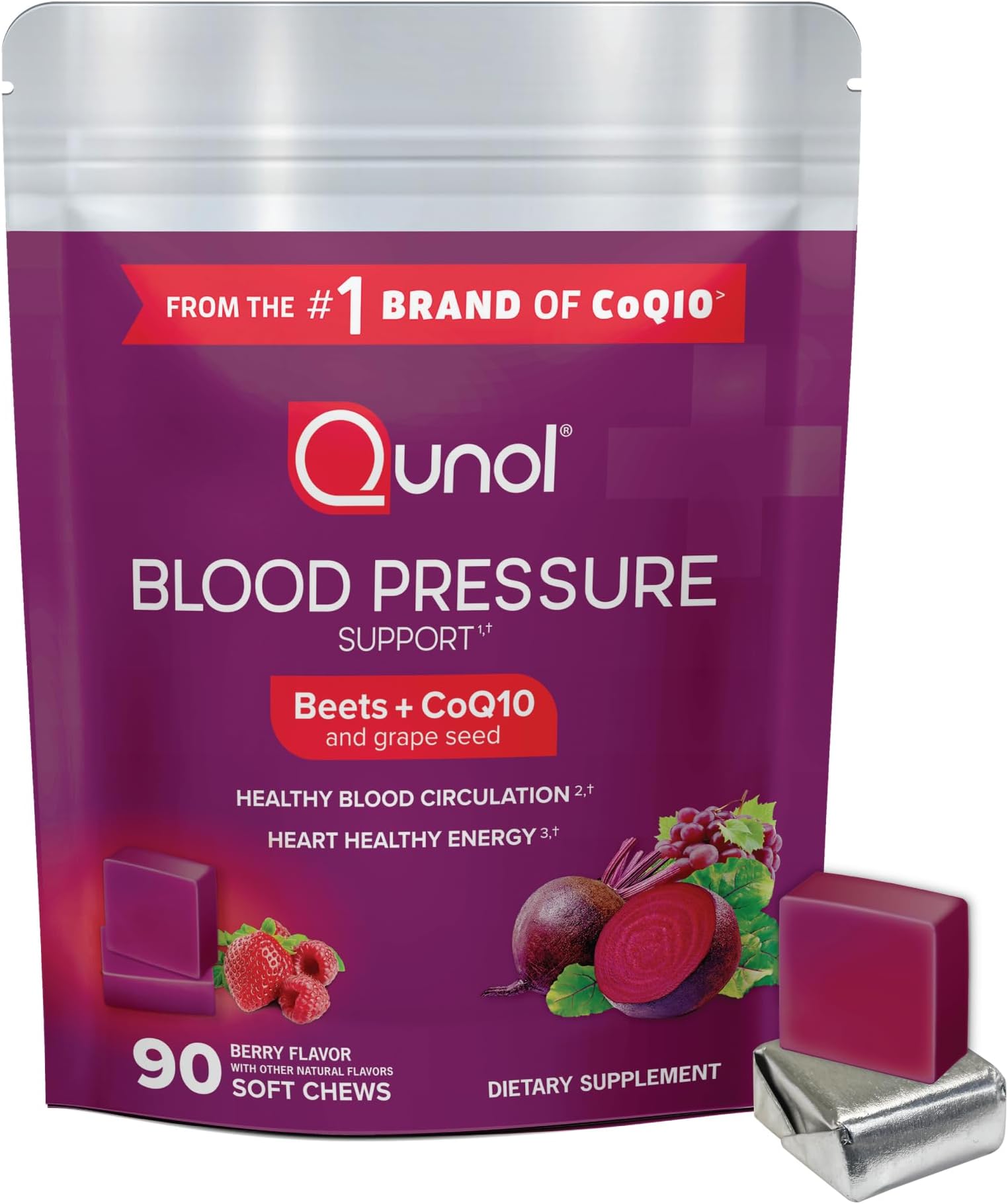 Qunol Beets Chews for Blood Pressure Support, 3 in 1 Beets + CoQ10 + Grape Seed Extract, Supports Healthy Blood Circulation & Heart Healthy Energy, 90 Chews