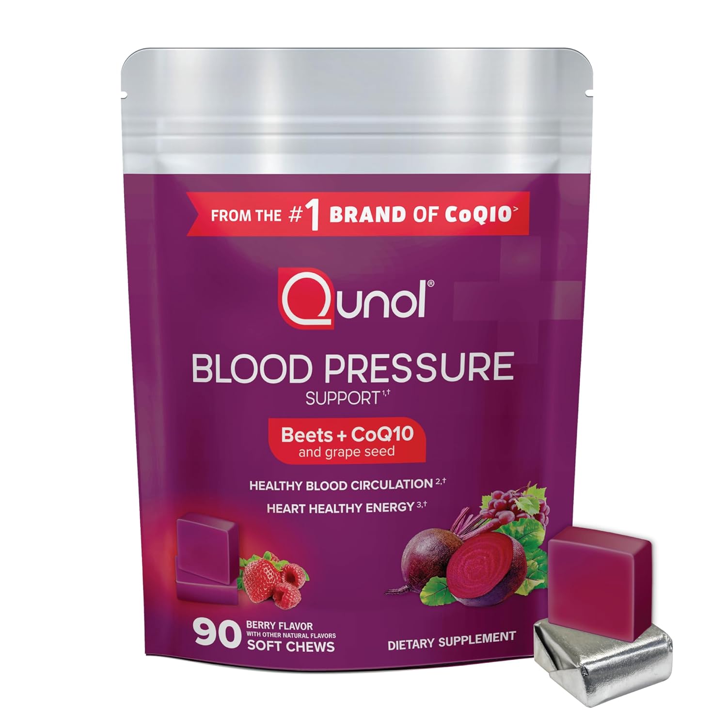 Qunol Beets Chews for Blood Pressure Support 3 in 1 Beets CoQ10 Grape Seed Extract Supports Healthy Blood