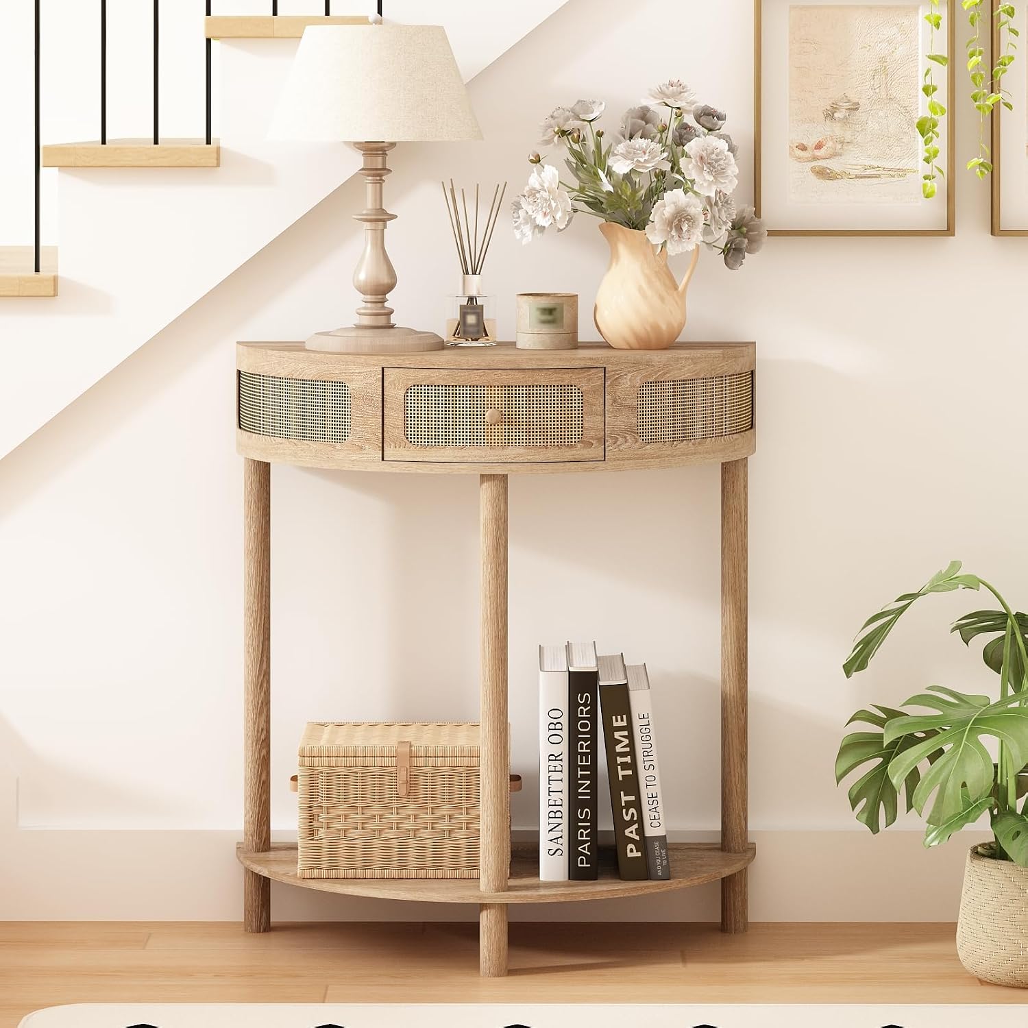 Amazon.com: Wnutrees Rattan Half Moon Console Table, Modern Entryway ...