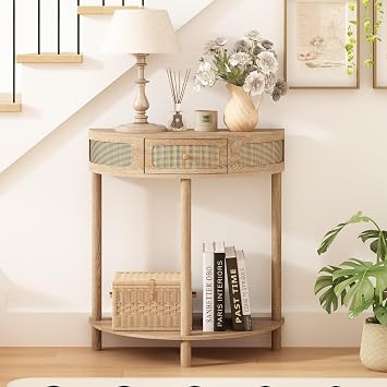 Wnutrees Rattan Half Moon Console Table, Modern Entryway Table with Drawer