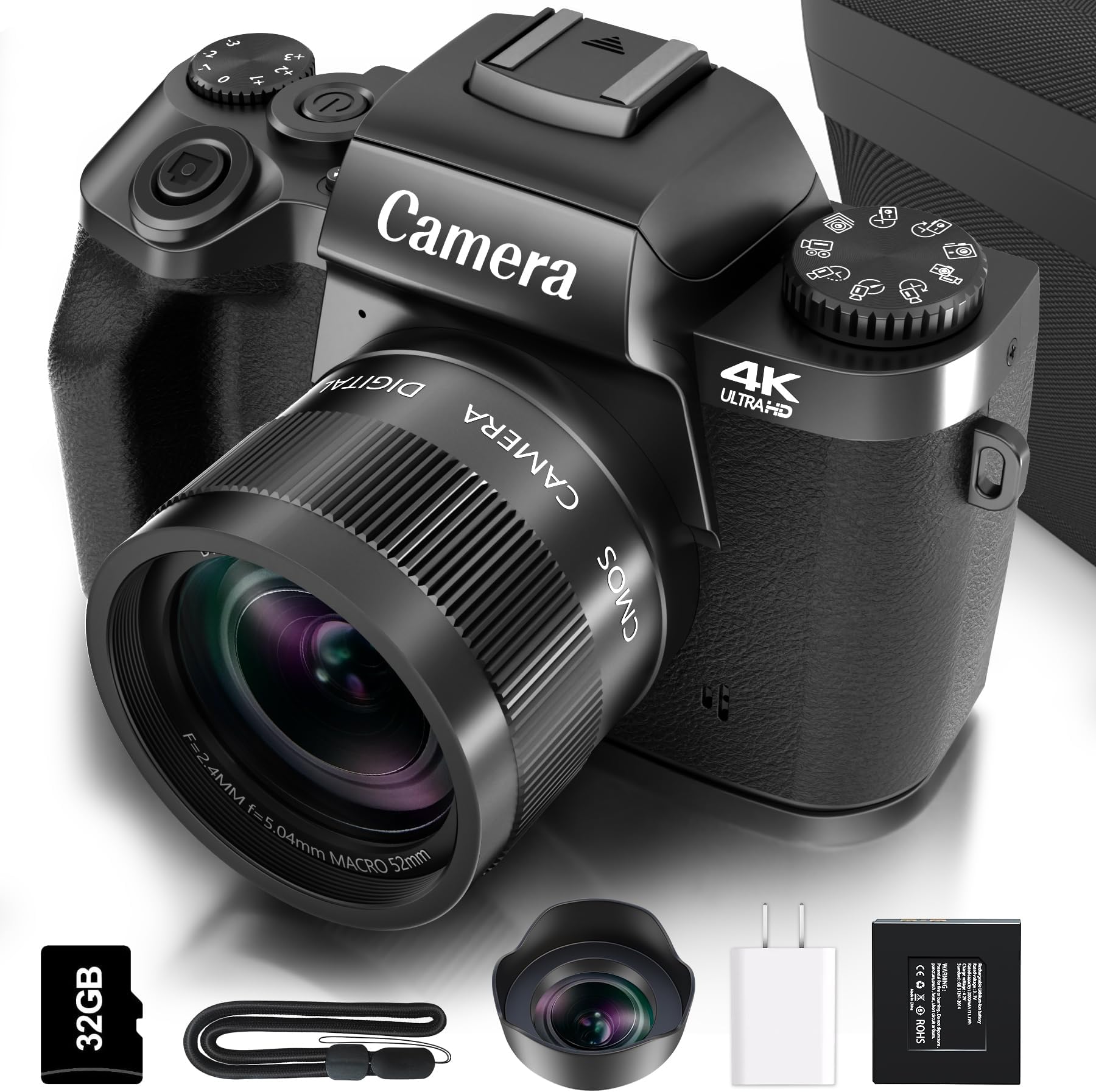 Saneen Digital Camera for Photography, 4K 64MP WiFi Touch Screen Vlogging Camera with Flash, 32GB Micro Card, Lens Hood, 3000mAH Battery, Front and Rear Cameras, 4″Big Screen, Hot Shoe Interface-Black