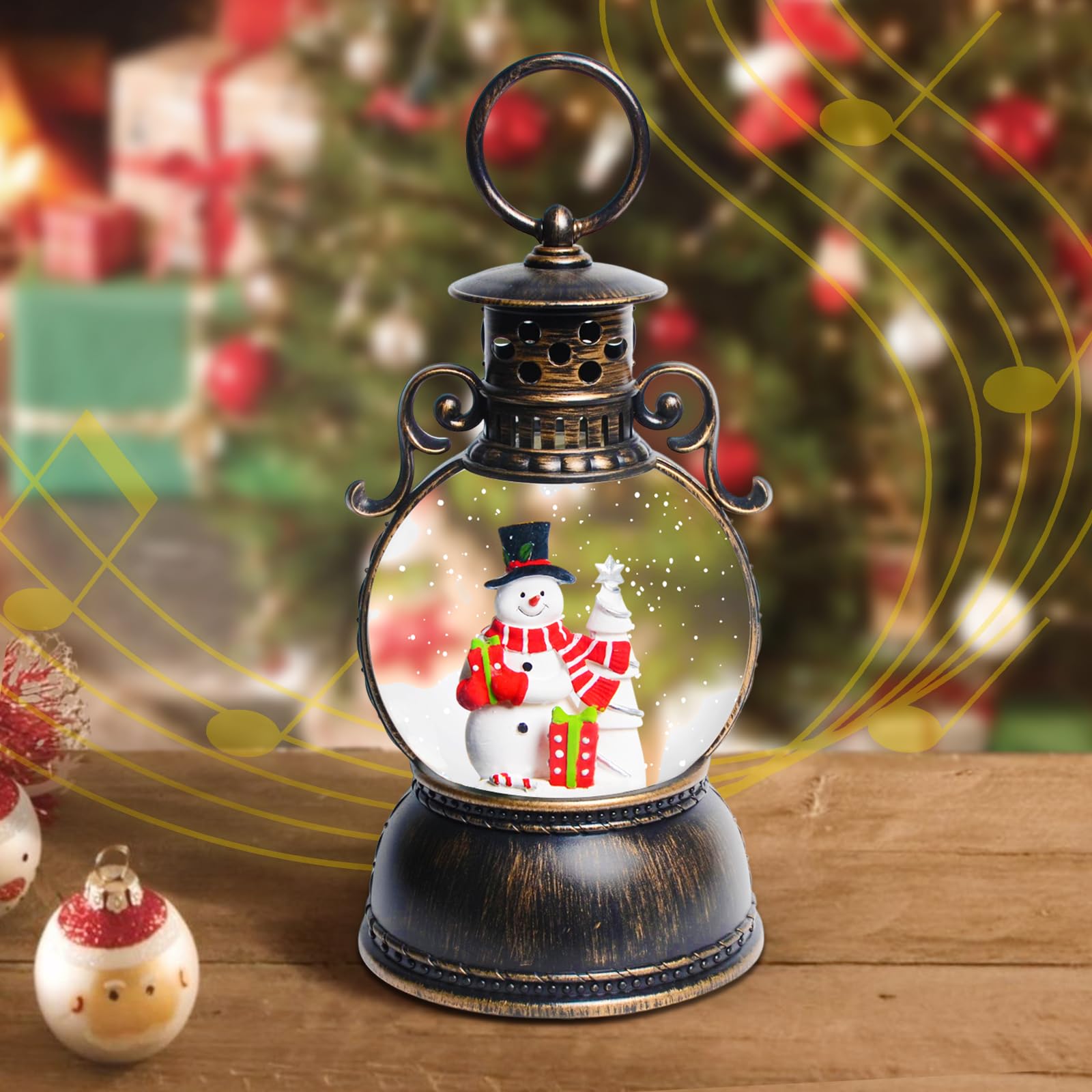 Christmas Snow Globes, Snowman Christmas Lantern with 8 Songs, 6H Timer Battery & USB Powered Glitter Music Box for Christmas Table Decorations