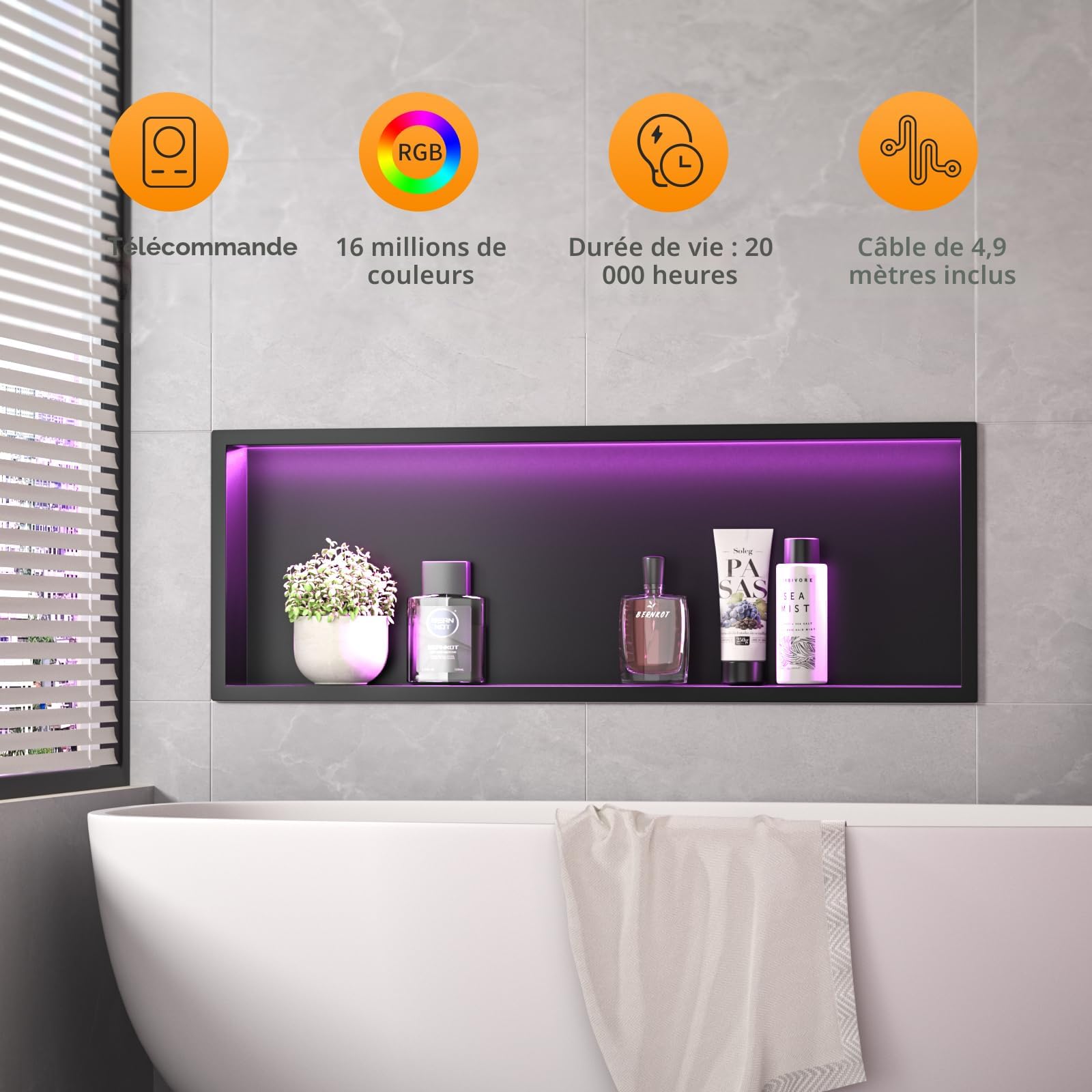 Niche De Douche En Acier Inoxydable Qeke 12x18 Pouces - Noir Mat, Avec éclairage RGB, Neuve