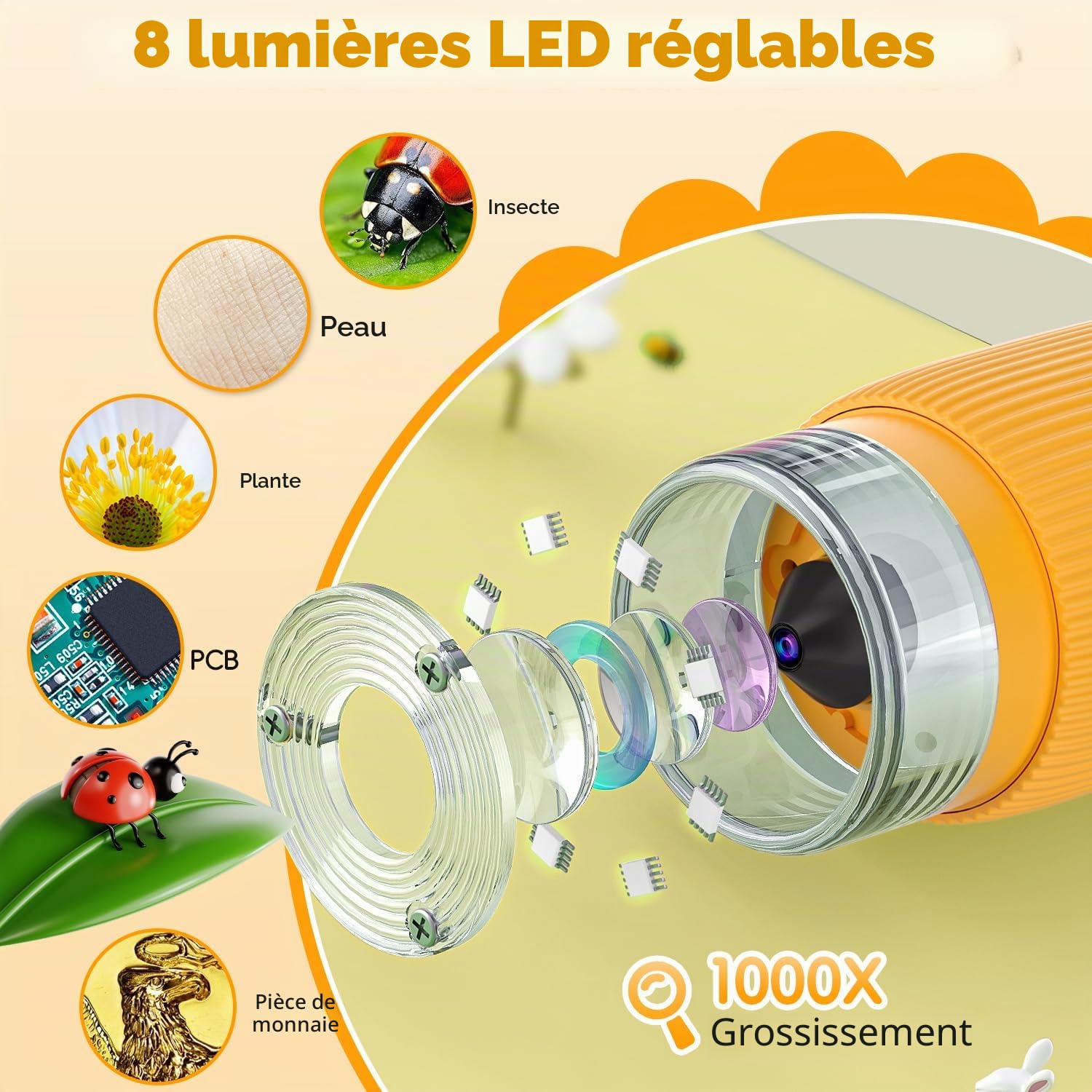 Microscope pour Enfants, Ahalfcit Microscope Numérique avec écran 2 Pouces - 1000X Microscope, Jouet éducatif Scientifique Cadeau pour Les Enfants de 3 à 12 Ans-Orange