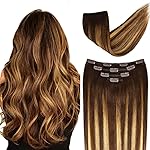 14 Clip in Hair Extensions Balayage Human Hair for Women - 4pieces Silky Straight Chocolate Brown to Honey Blonde Highlight Brown Ombre Hair 50grams (4T27) P4 Color