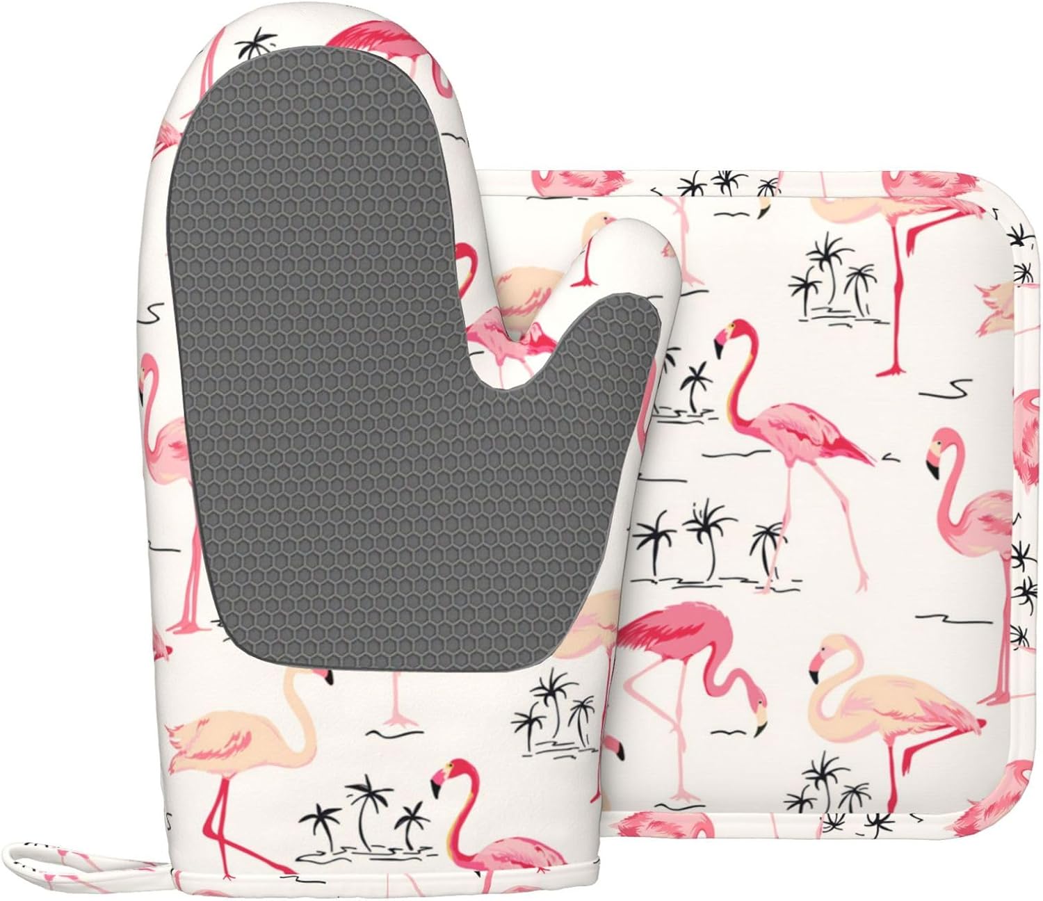 Cute Pink Flamingo Oven Mitts and Pot Holders Sets, Home Silicone Heat Resistant BBQ Gloves for Kitchen Baking Cooking Grilling Microwave