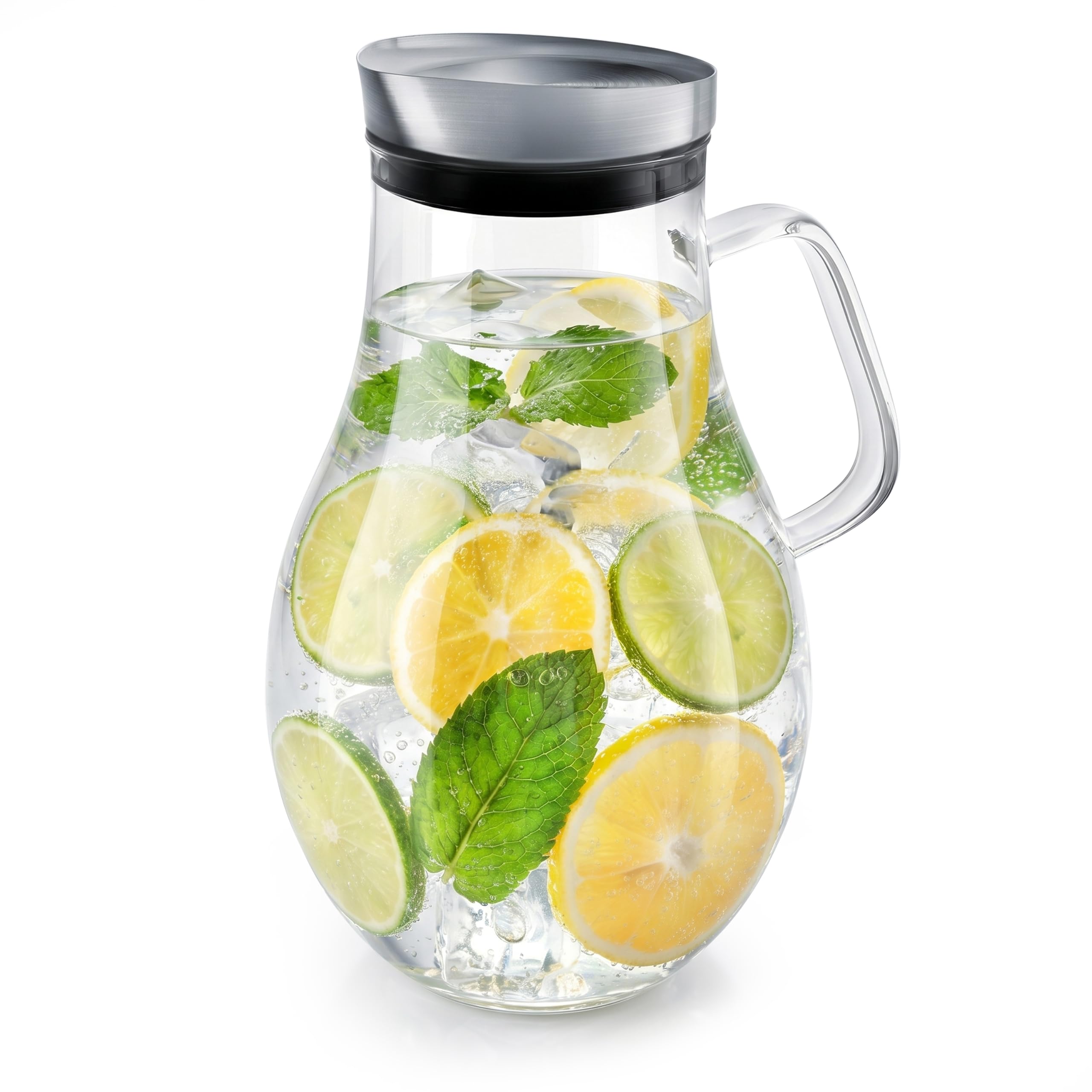Arendo - Glaskaraffe 2500 ml, Karaffe aus Glas mit Deckel 2,5 L, Wasserkaraffe mit Edelstahldeckel und integriertem Grobfilter, Borosilikatglas, Haltegriff, Temperaturbereich –20 °C bis +150 °C
