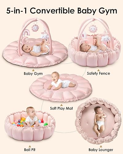Miniatura 5 de Gimnasio de juego convertible 5 en 1 para bebés con alfombra y juguetes colgantes, tumbona acolchada suave para bebés y piscina de pelotas, alfombra