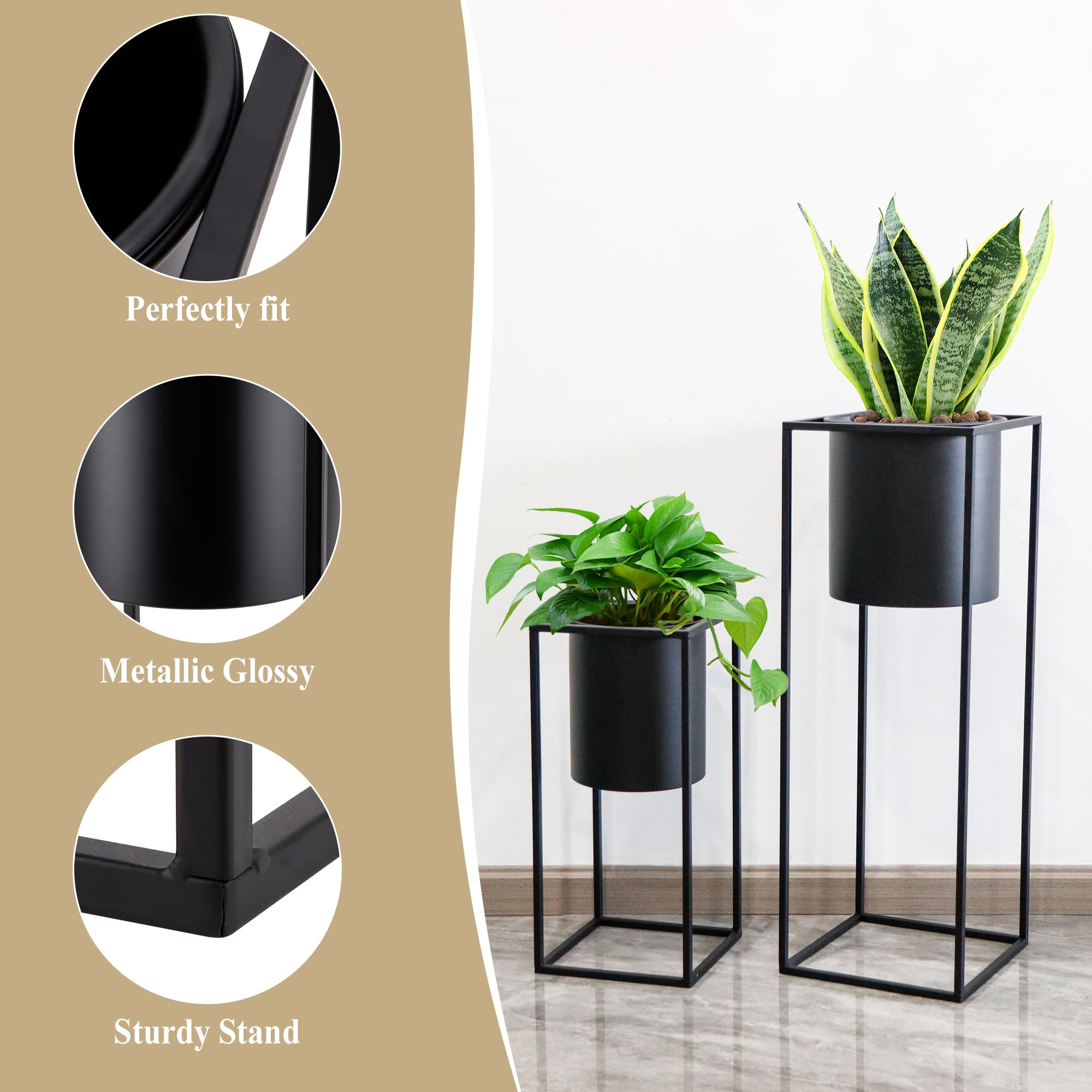 TRIROCKS 2er-Set Moderne Pflanzgefäße mit Ständer für Drinnen und Draußen 70/45 cm Hohe Blumentöpfe für Wohnzimmer Ecke Küche Büro Garten Balkon Terrassendekor (Schwarz)