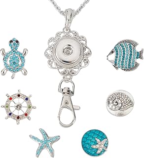 SUNNYCLUE 1 Box 6Pcs Ocean Office Lanyards ID Lanyard Badge Holder Making Kit Summer Sea Hawaii Turtle Starfish Snap Button Lanyards for Women Nurses Office Staff Stainless Steel Necklaces Supplies