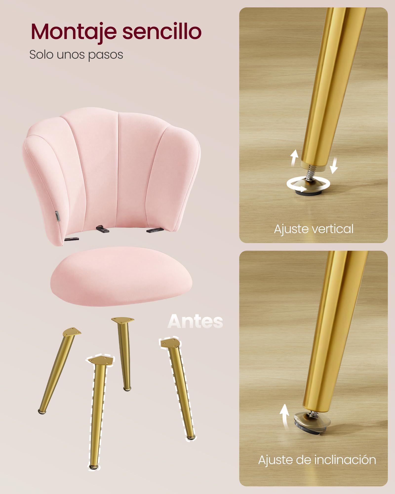 VASAGLE Silla de Comedor, Respaldo en Forma de Pétalos, Silla de Tocador Acolchada, Terciopelo, Carga 150 kg, Patas de Acero, Cocina, Salón, Dormitorio, Rosa KDC099S101