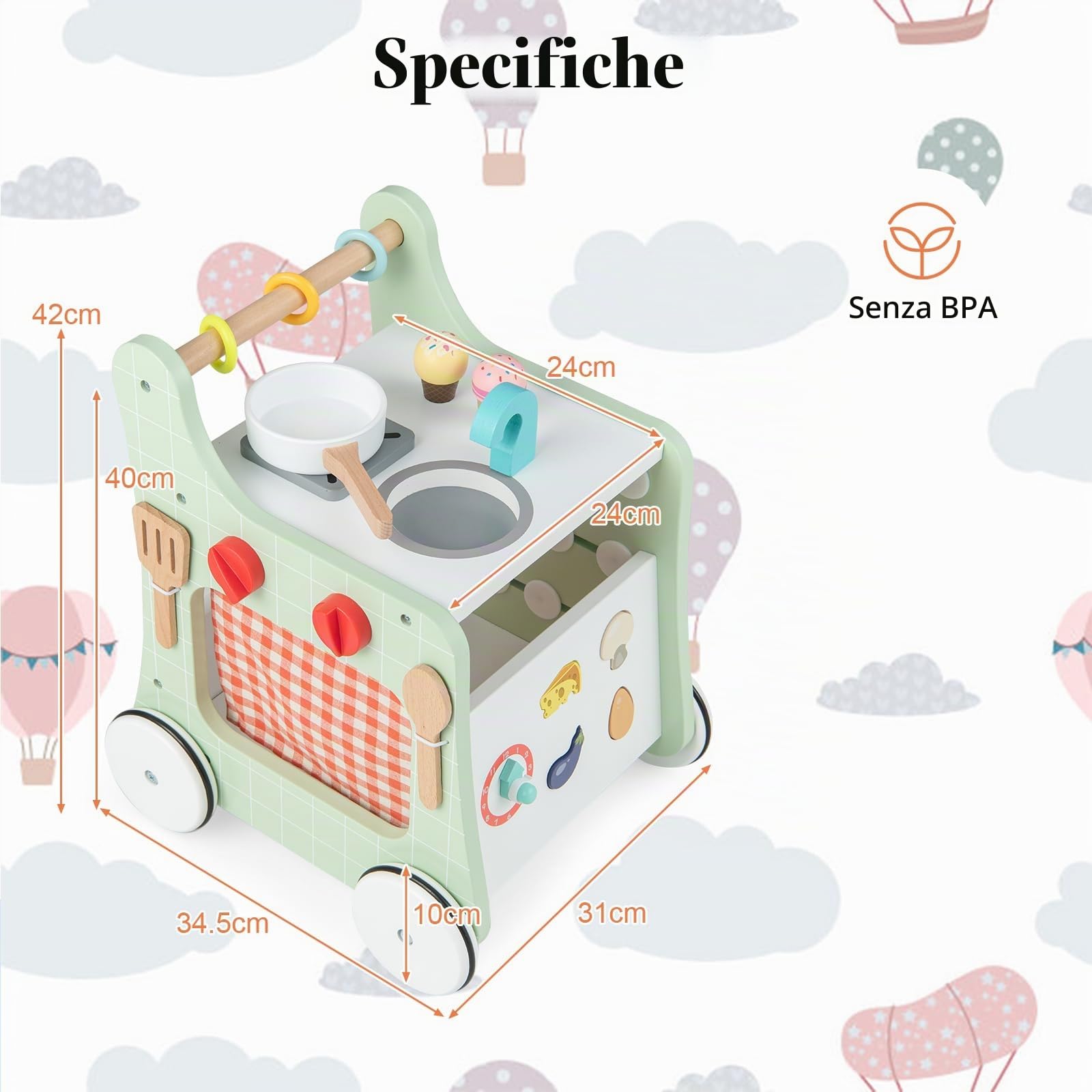 LIFEZEAL Carrello Primi Passi per Bambini 1+ Anni, Cucina Giocattolo, Carrellino da Spinta in Legno, Ruote Silenziose, Multiattività, Educativo, Vano Portaoggetti, Imparare a Camminare, Regalo, Verde