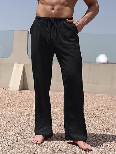 Miniatura 3 de WOWULOVELY Pantalones casuales de lino de algodón para hombre, holgados, ligeros, con cintura elástica, pantalones de yoga, playa, bolsillos