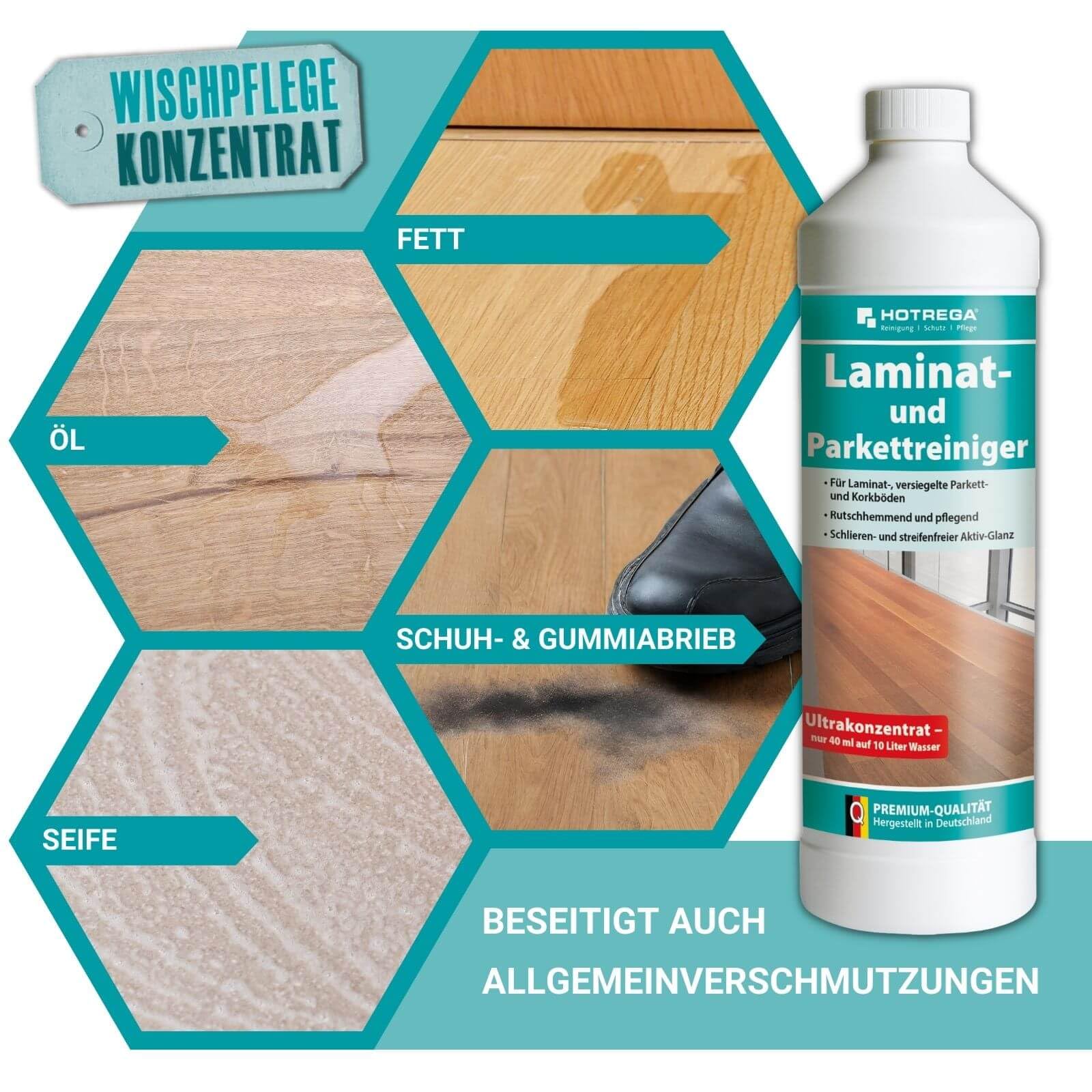 HOTREGA Laminat- & Parkettreiniger Konzentrat | 5x 1L Set | Wischpflege | Streifenfreie Reinigung für Korkböden | Rutschhemmend & Seidenmatt-Effekt | Schutz vor Feuchtigkeit & Abnutzung